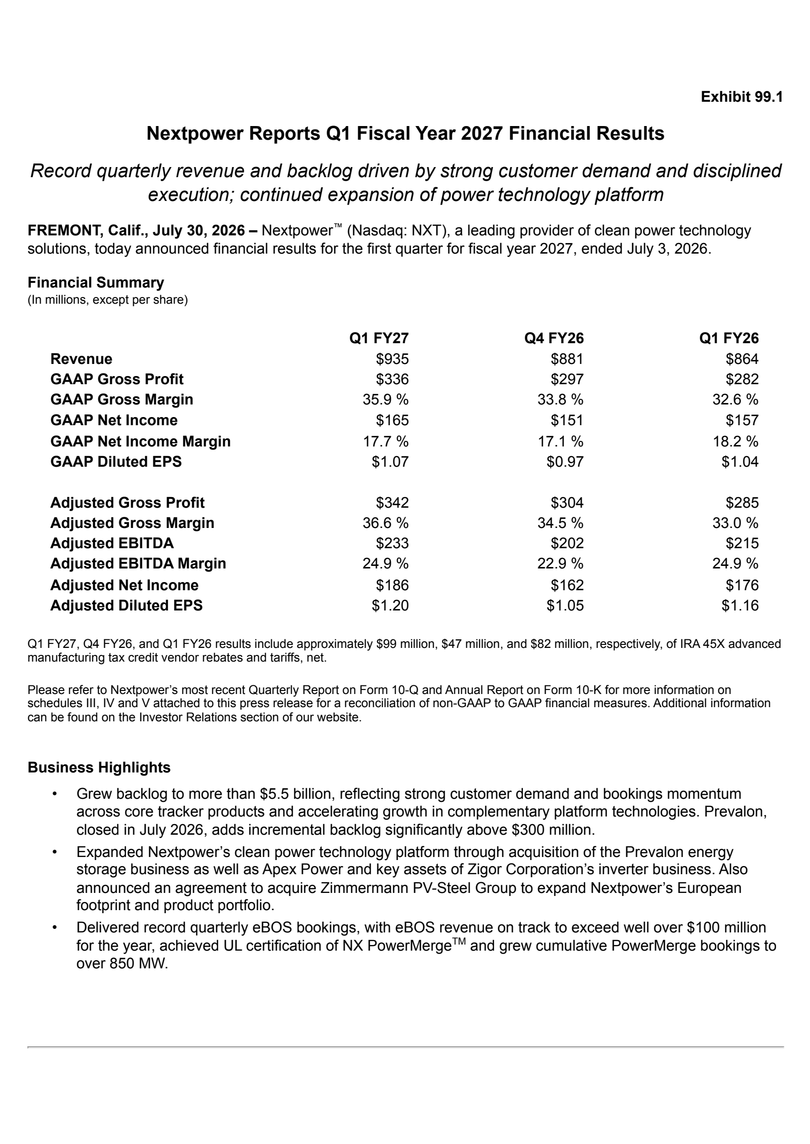 Nextpower's Q1 2027 Press Release