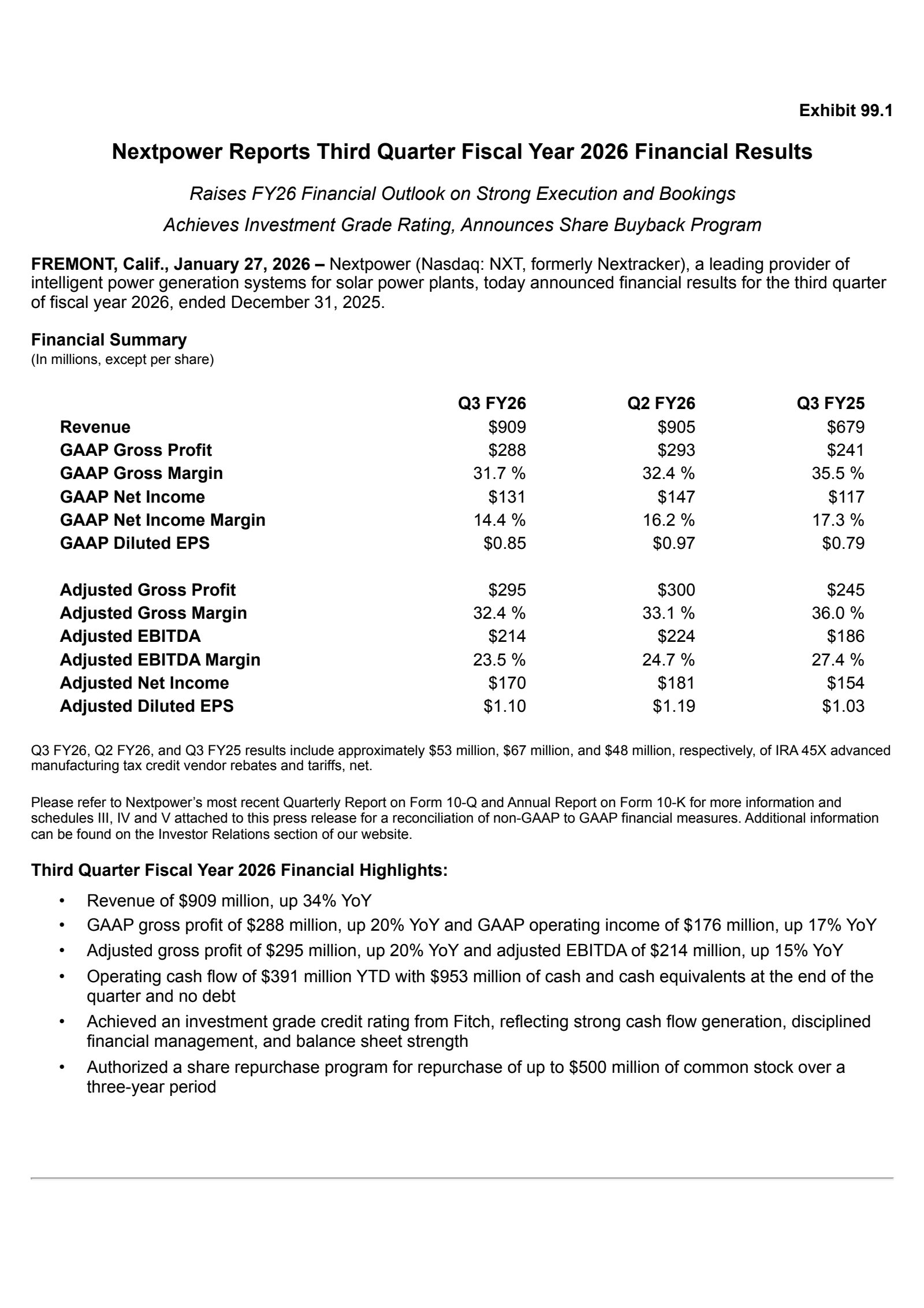 Nextpower's Q3 2026 Press Release