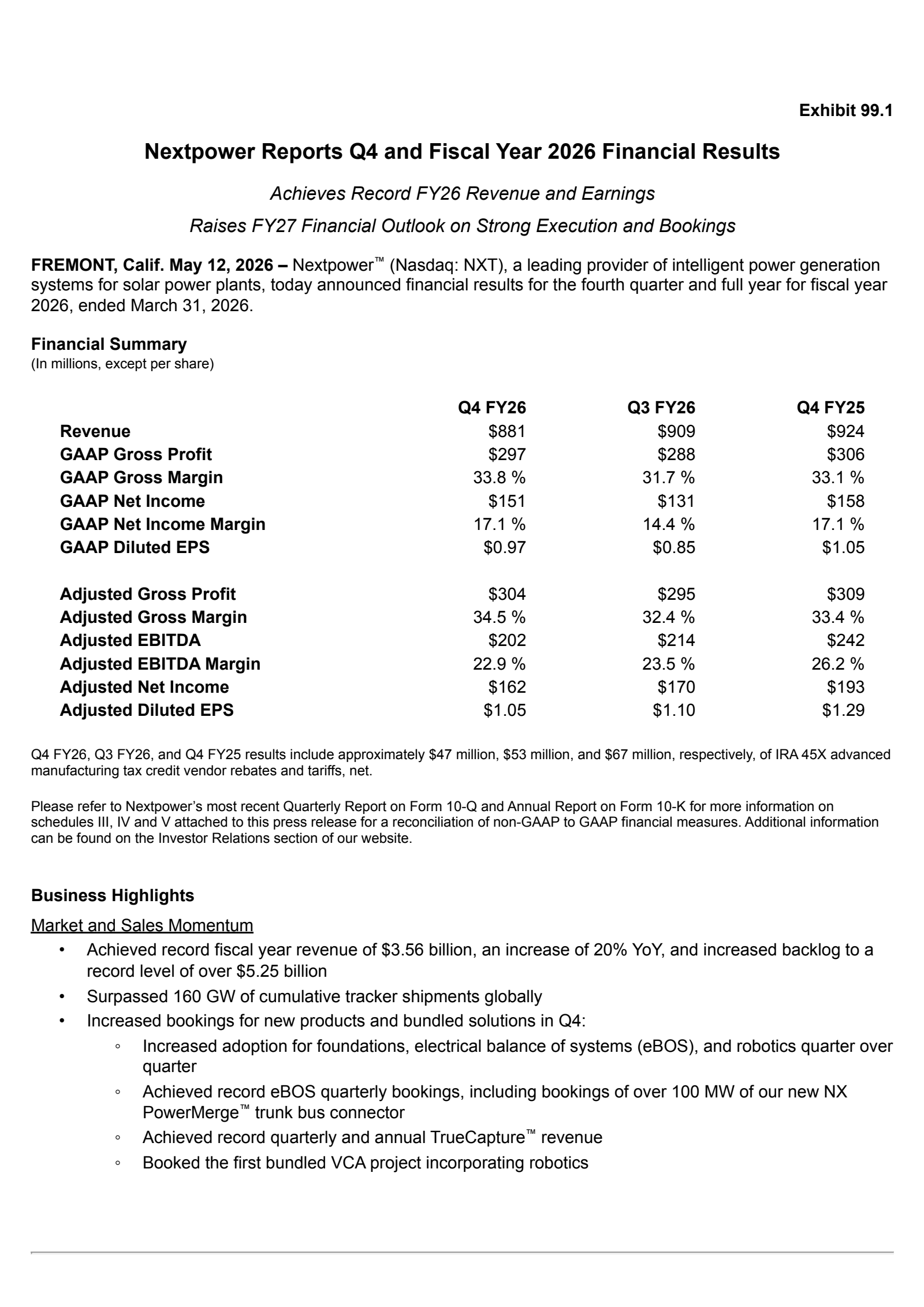 Nextpower's Q4 2026 Press Release