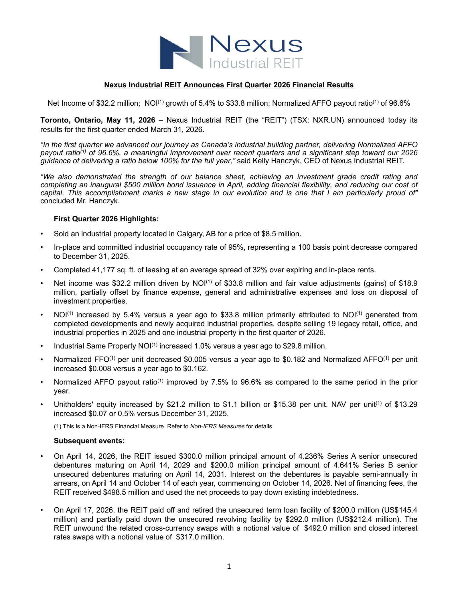 Nexus Industrial REIT's Q1 2026 Press Release