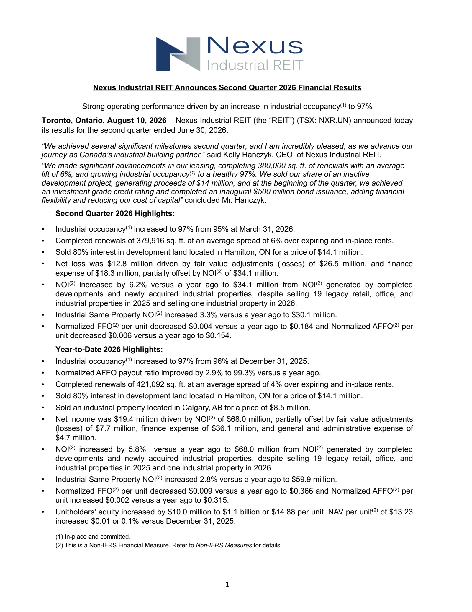 Nexus Industrial REIT's Q2 2026 Press Release