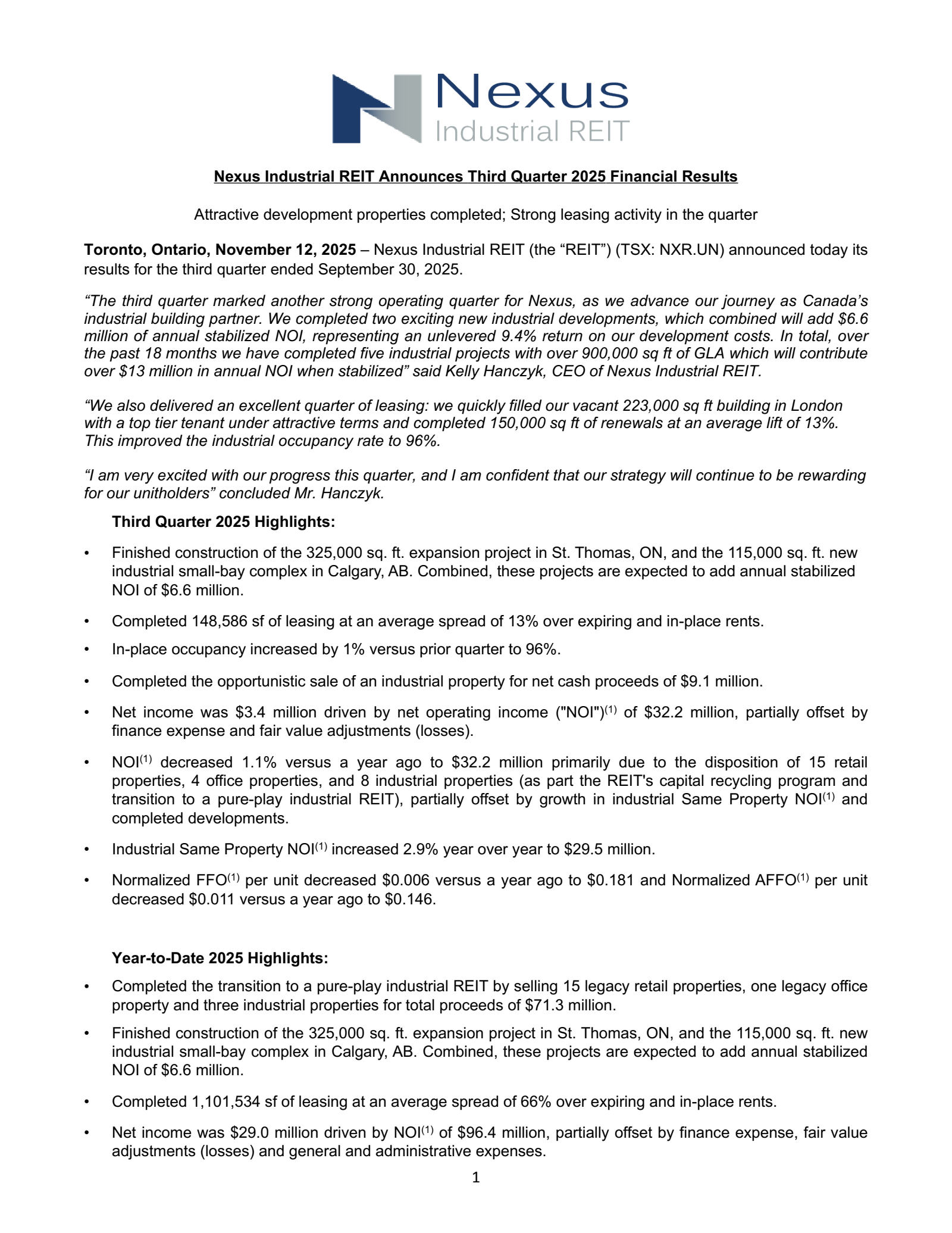 Nexus Industrial REIT's Q3 2025 Earnings Release