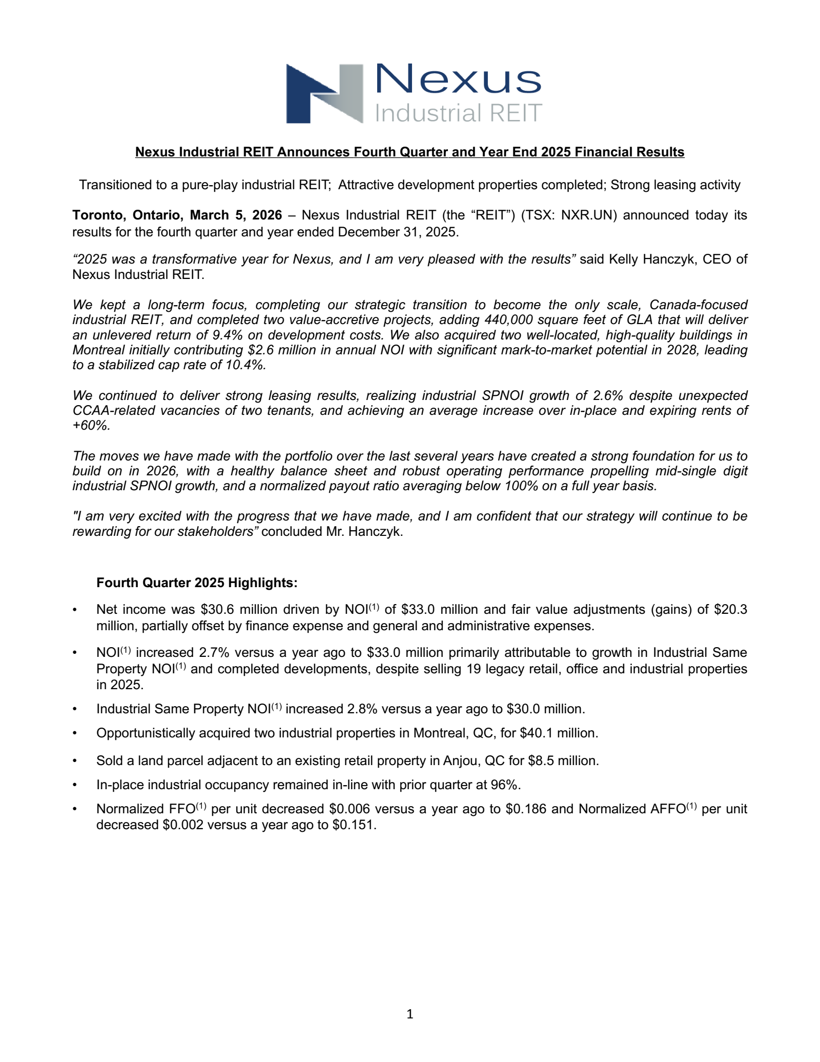 Nexus Industrial REIT's Q4 2025 Press Release