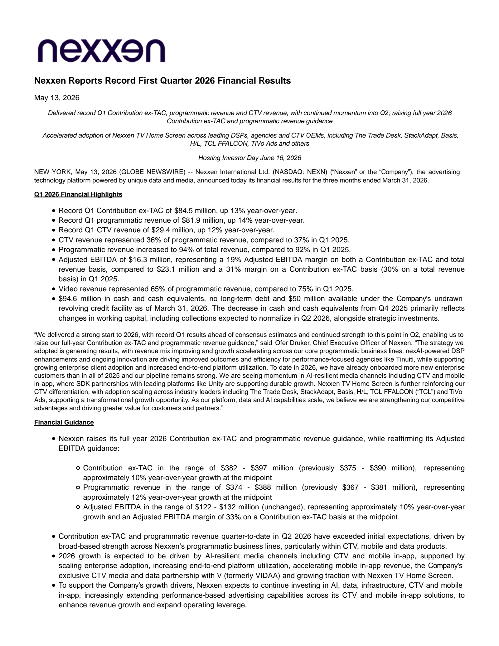 Nexxen International's Q1 2026 Press Release