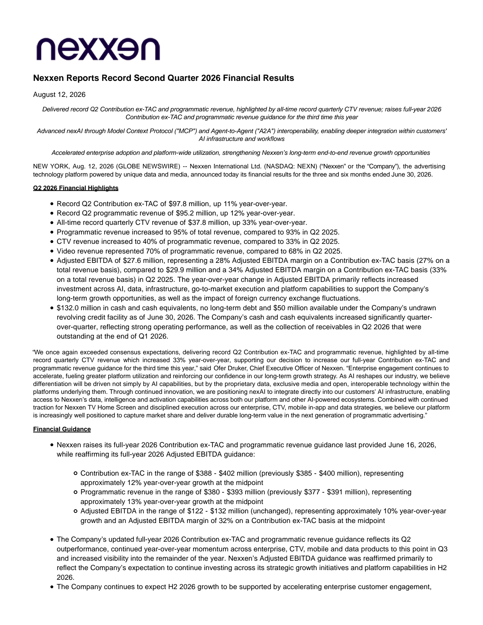 Nexxen International's Q2 2026 Press Release