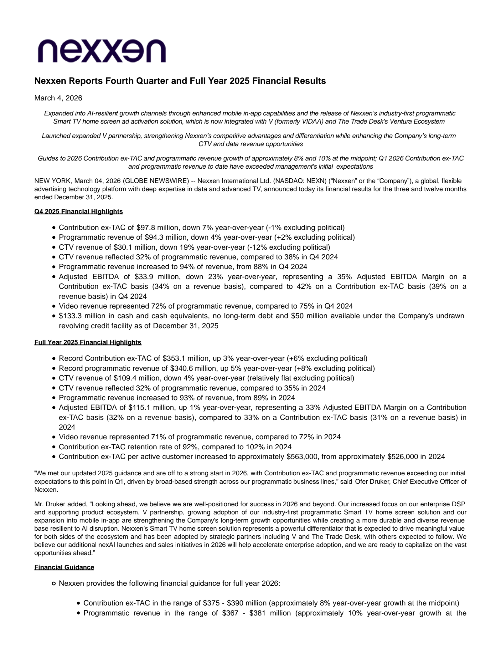 Nexxen International's Q4 2025 Press Release
