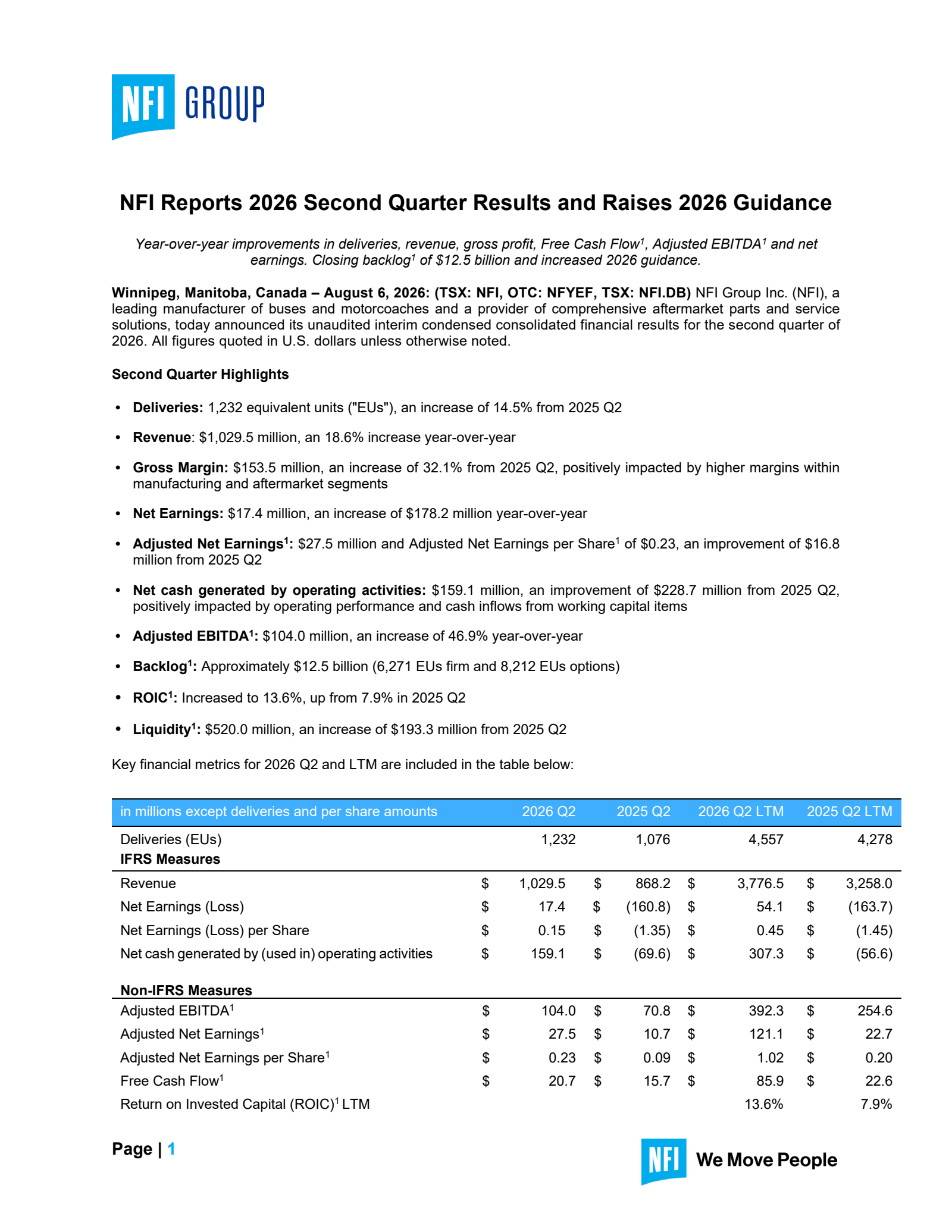 NFI Group's Q2 2026 Press Release