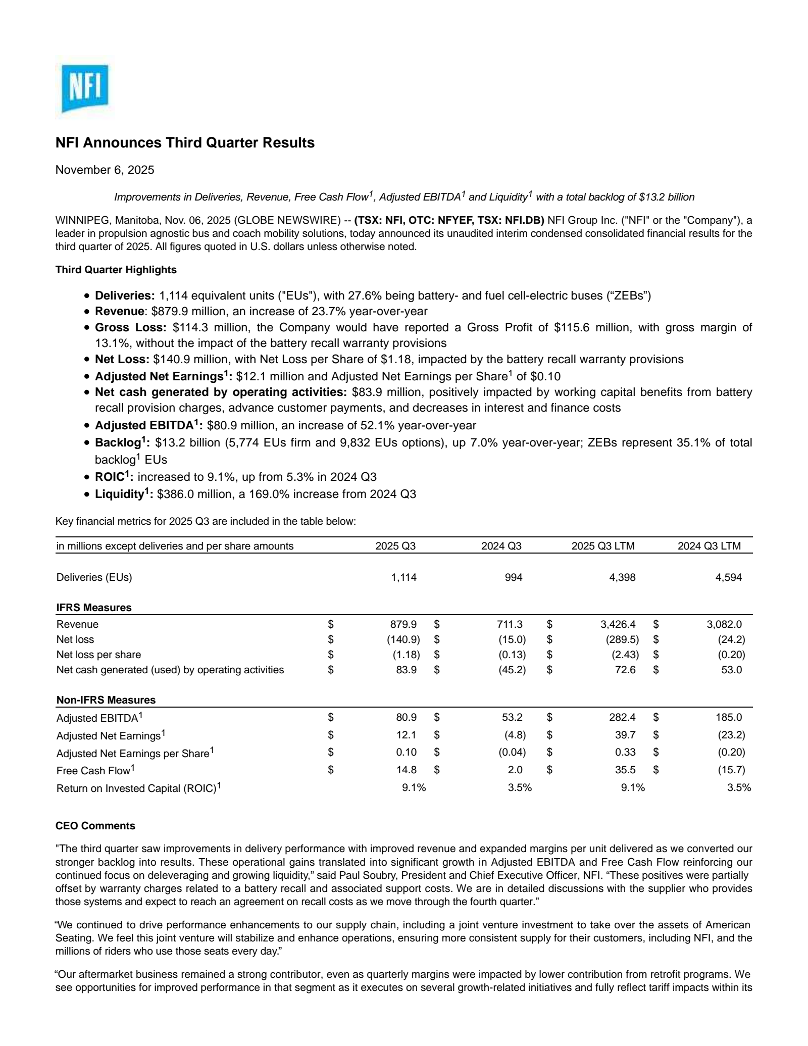 NFI Group's Q3 2025 Press Release