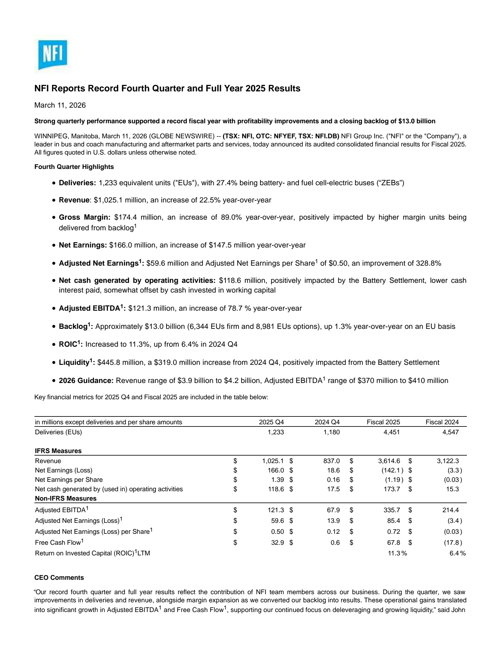 NFI Group's Q4 2025 Press Release