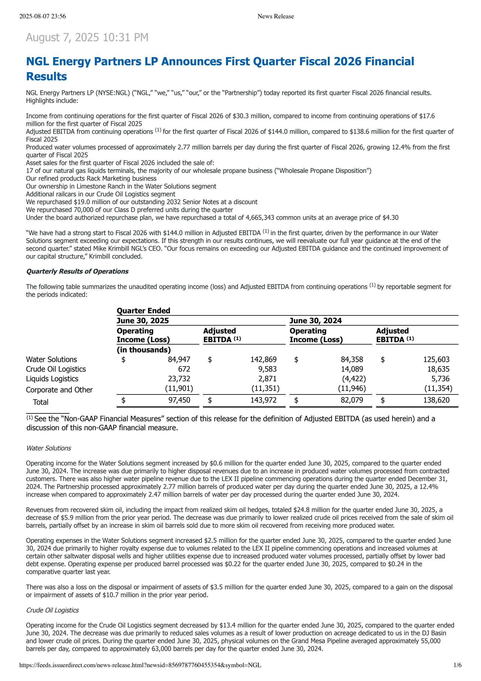 NGL Energy Partners' Q1 2026 Press Release