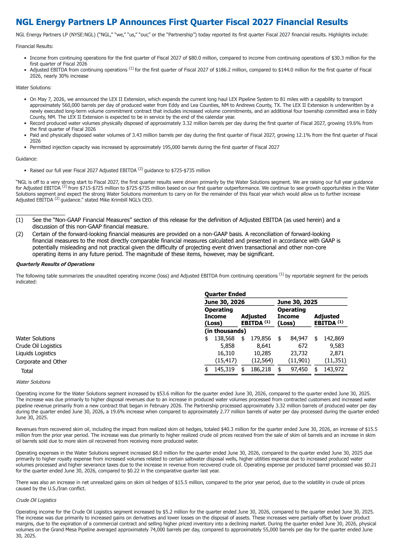NGL Energy Partners' Q1 2027 Press Release
