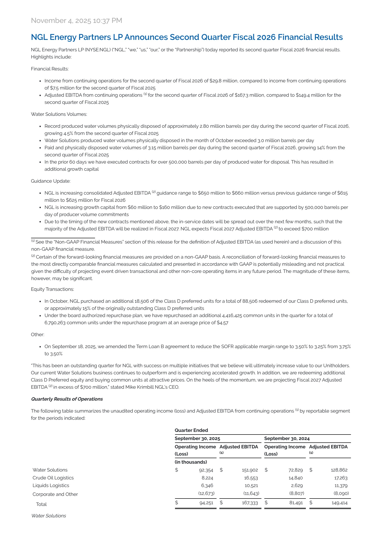 NGL Energy Partners' Q2 2026 Earnings Release