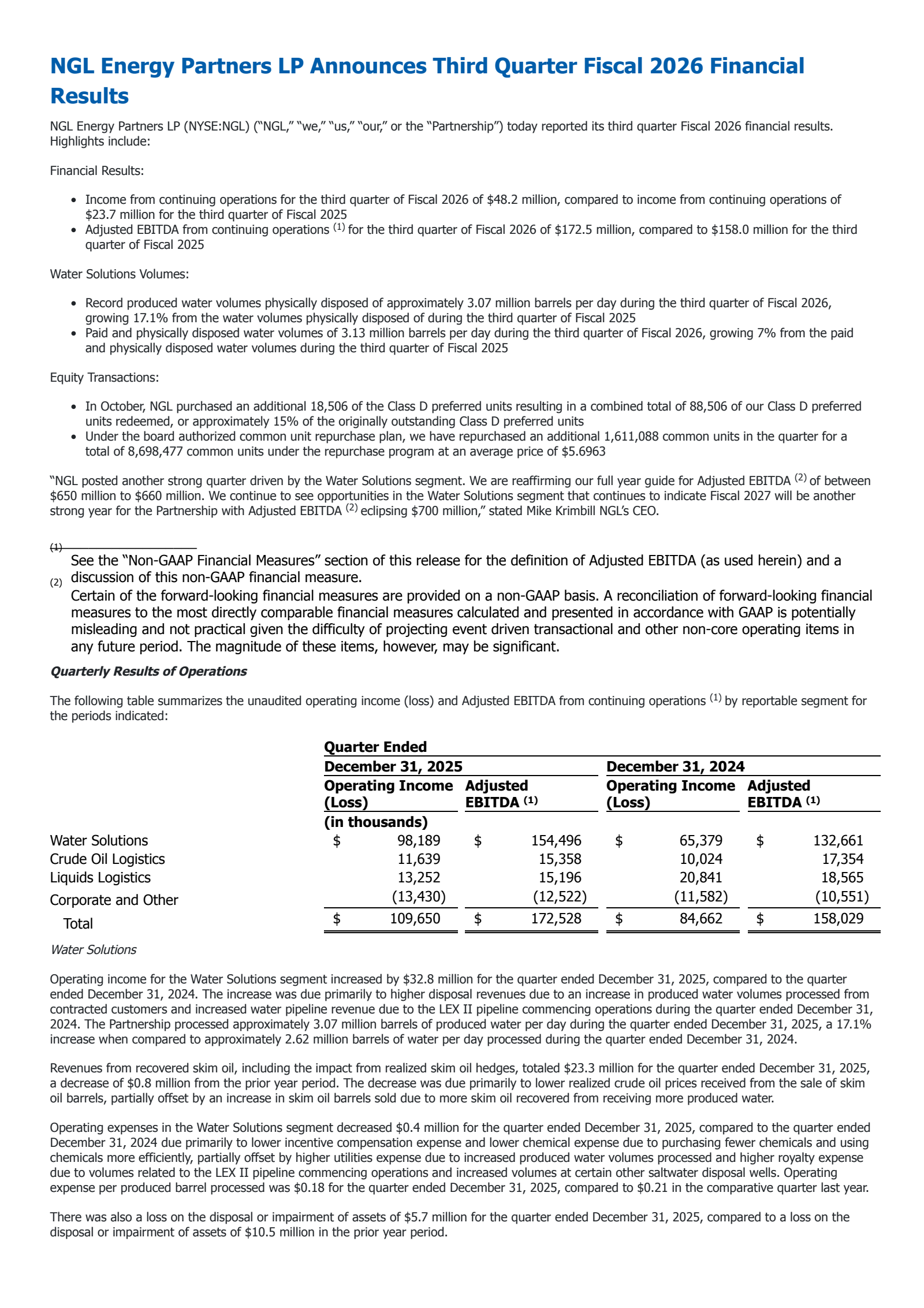 NGL Energy Partners' Q3 2026 Press Release