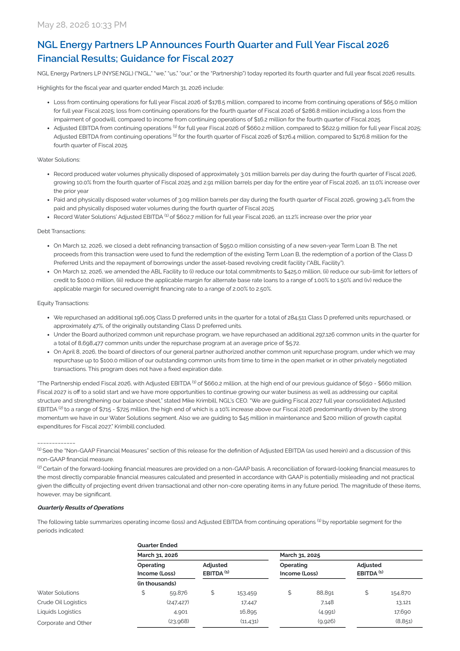 NGL Energy Partners' Q4 2026 Press Release