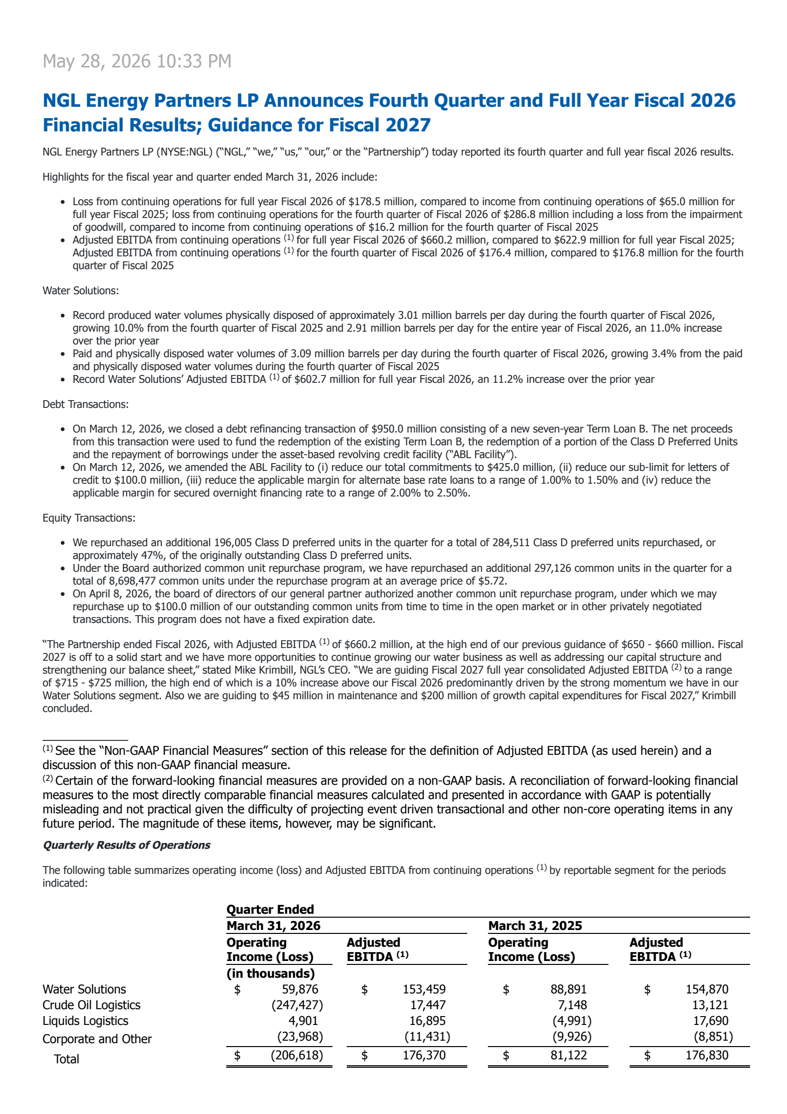 NGL Energy Partners' Q4 2026 Press Release