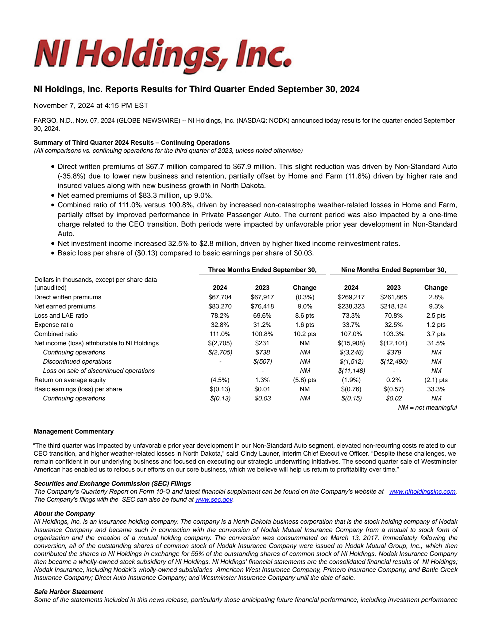 NI's Q3 2024 Press Release