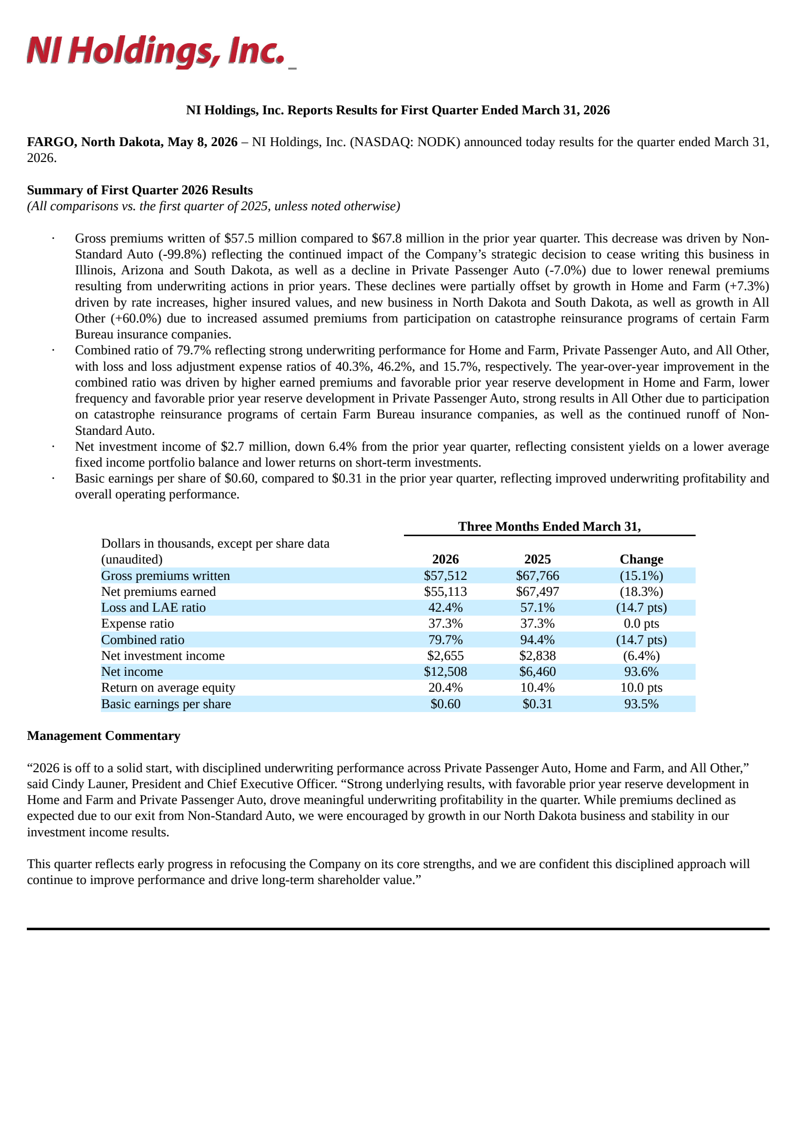 NI's Q1 2026 Press Release