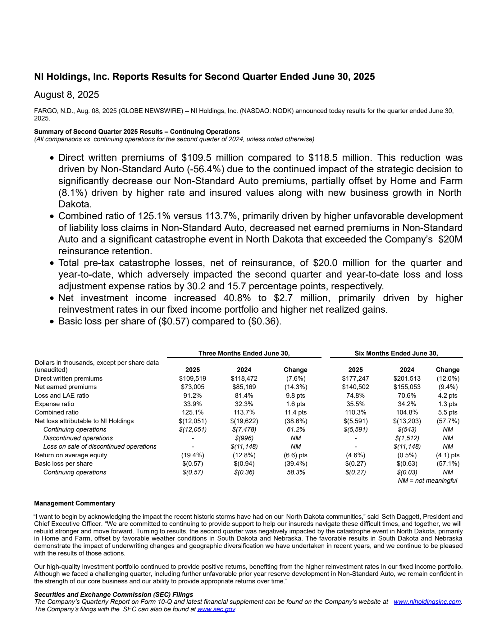 NI's Q2 2025 Press Release