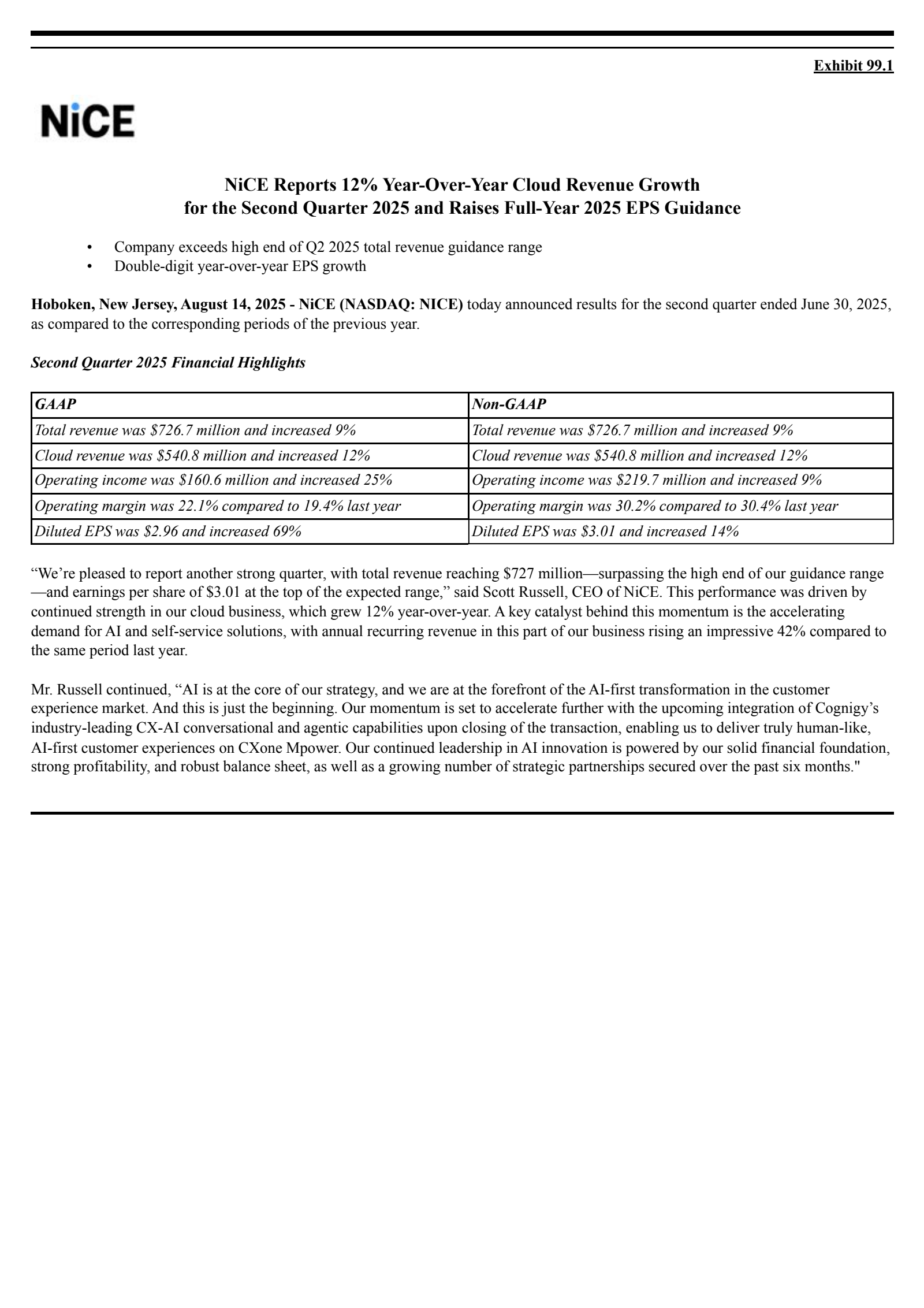 Nice's Q2 2025 Press Release
