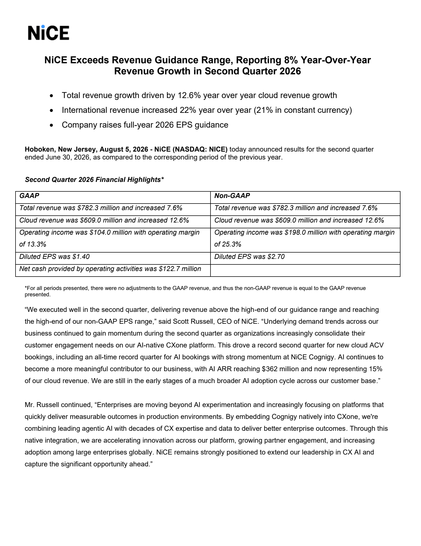 NiCE's Q2 2026 Press Release