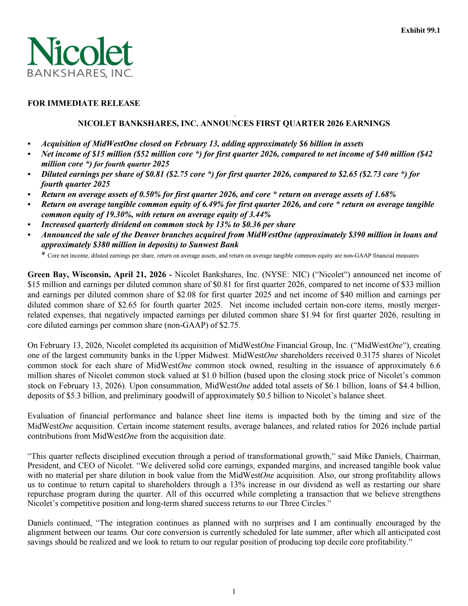 Nicolet Bankshares' Q1 2026 Press Release