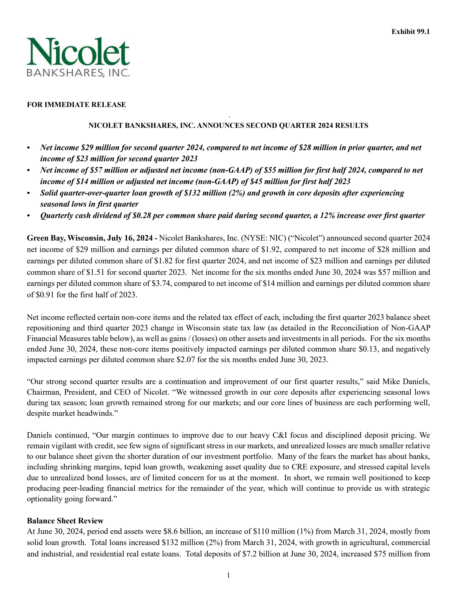 Nicolet Bankshares' Q2 2024 Press Release