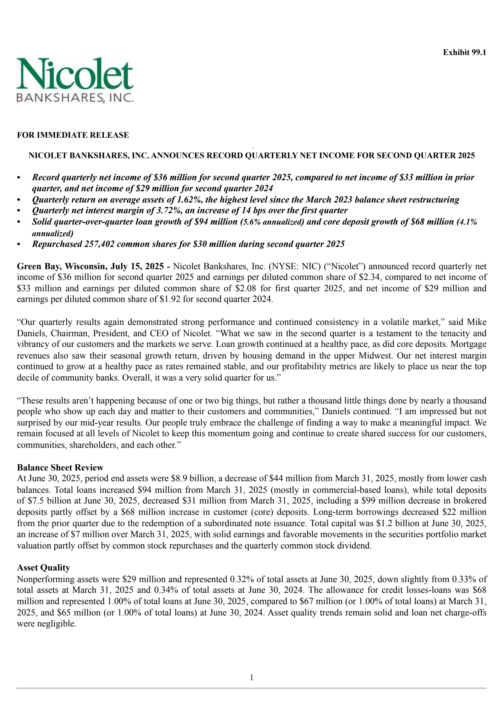 Nicolet Bankshares' Q2 2025 Press Release