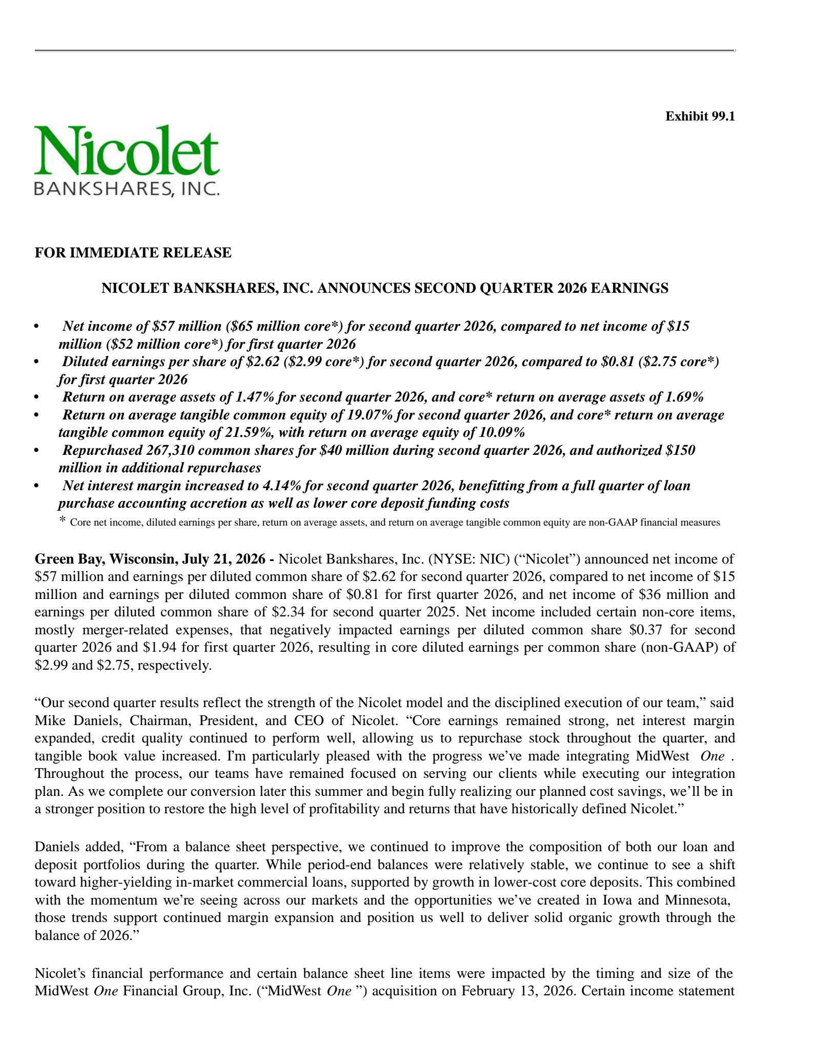 Nicolet Bankshares' Q2 2026 Press Release