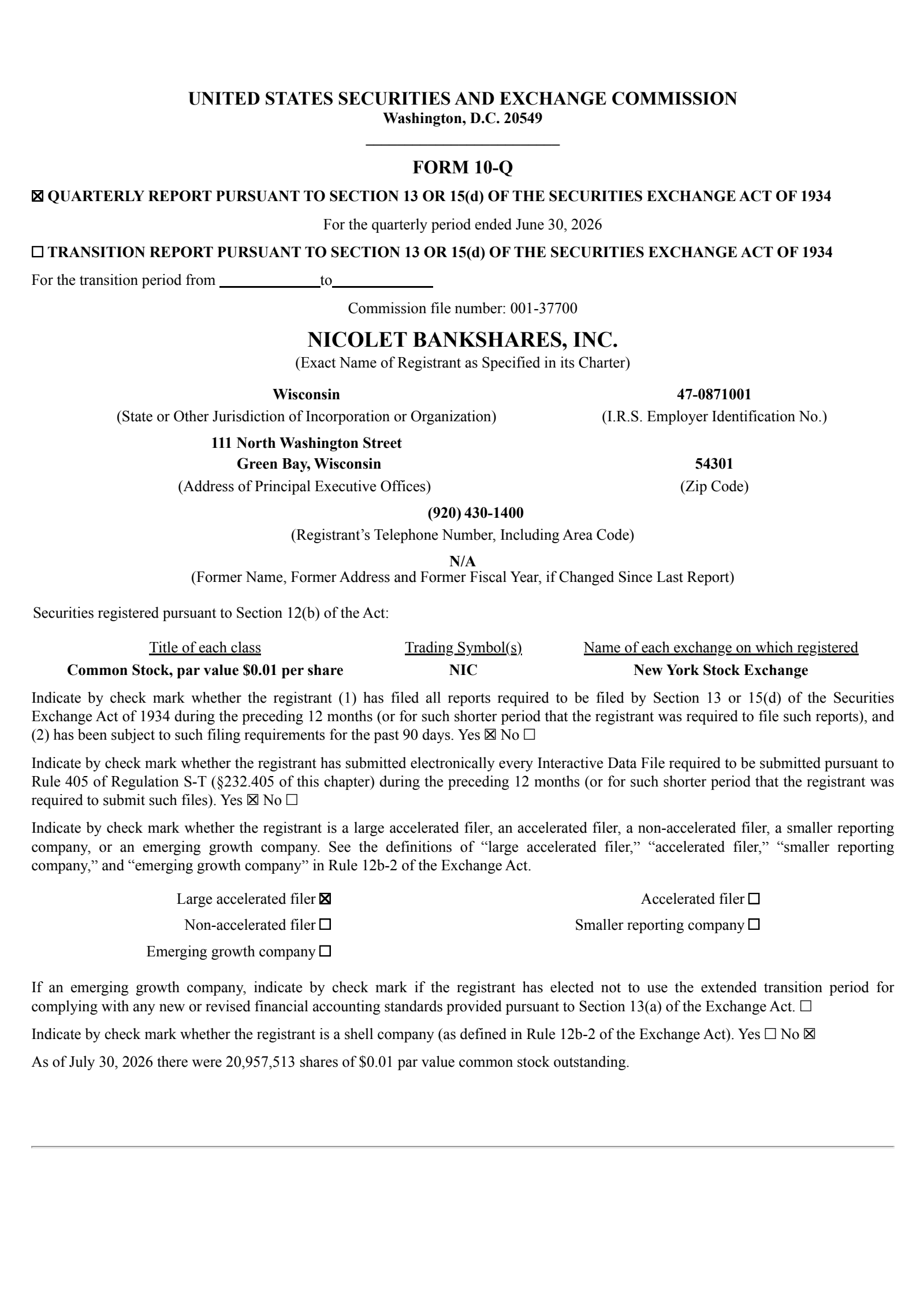 Nicolet Bankshares' Q2 2026 Quarterly report