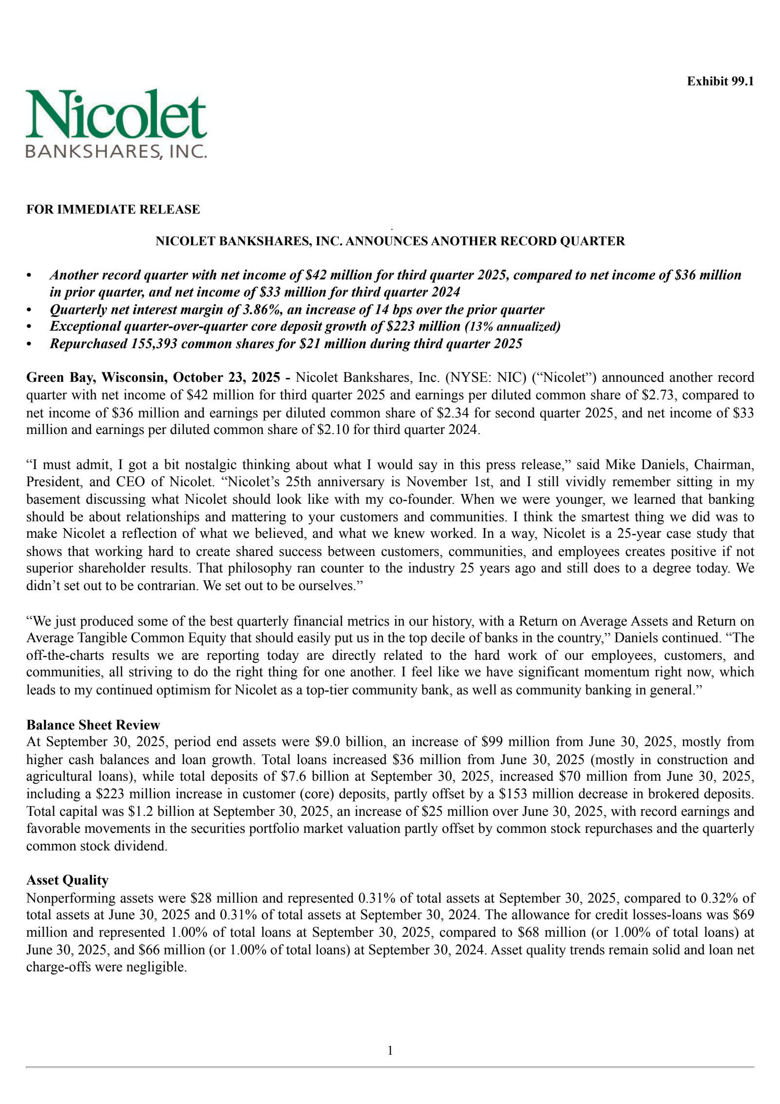Nicolet Bankshares' Q3 2025 Earnings Release