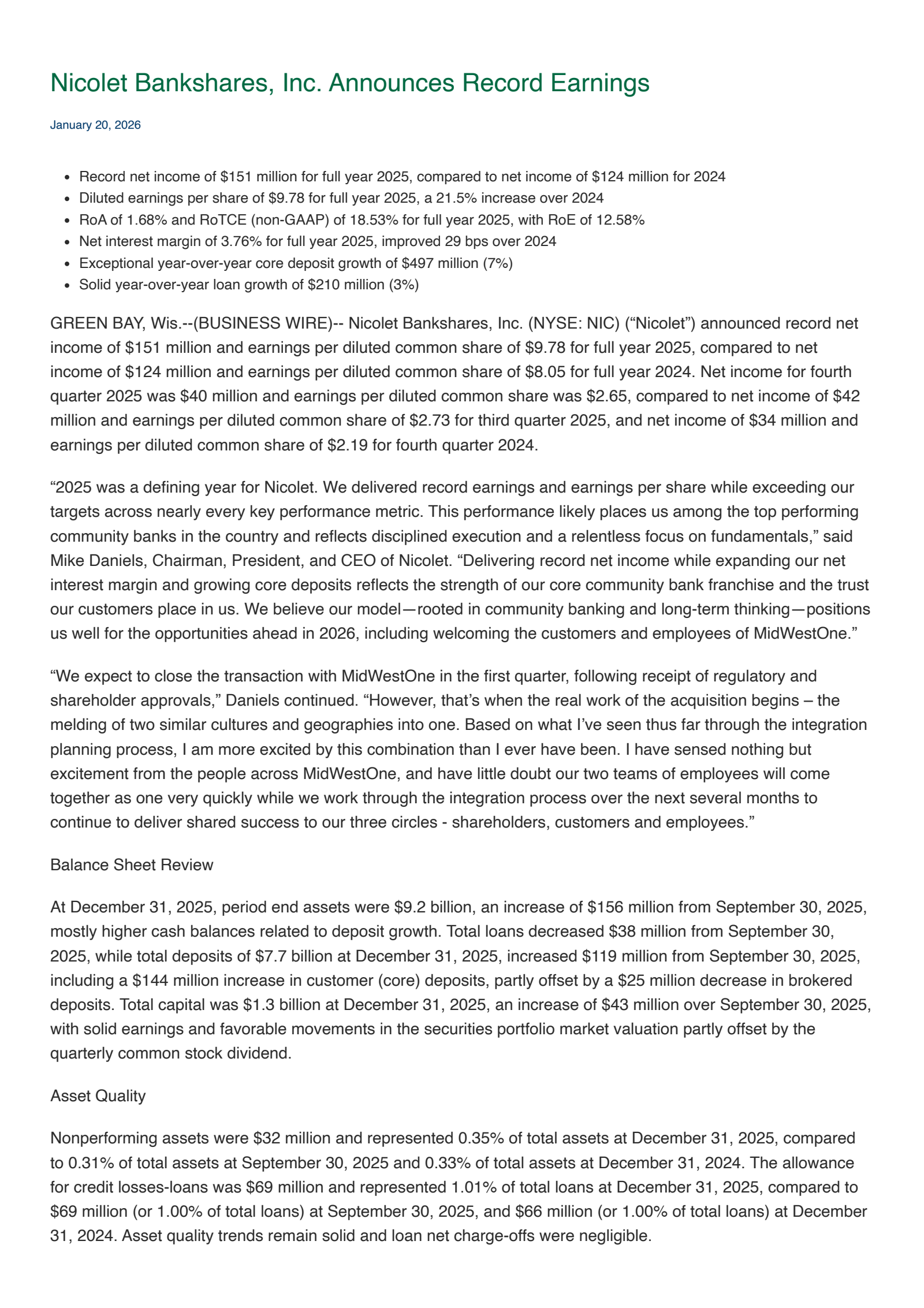 Nicolet Bankshares' Q4 2025 Press Release