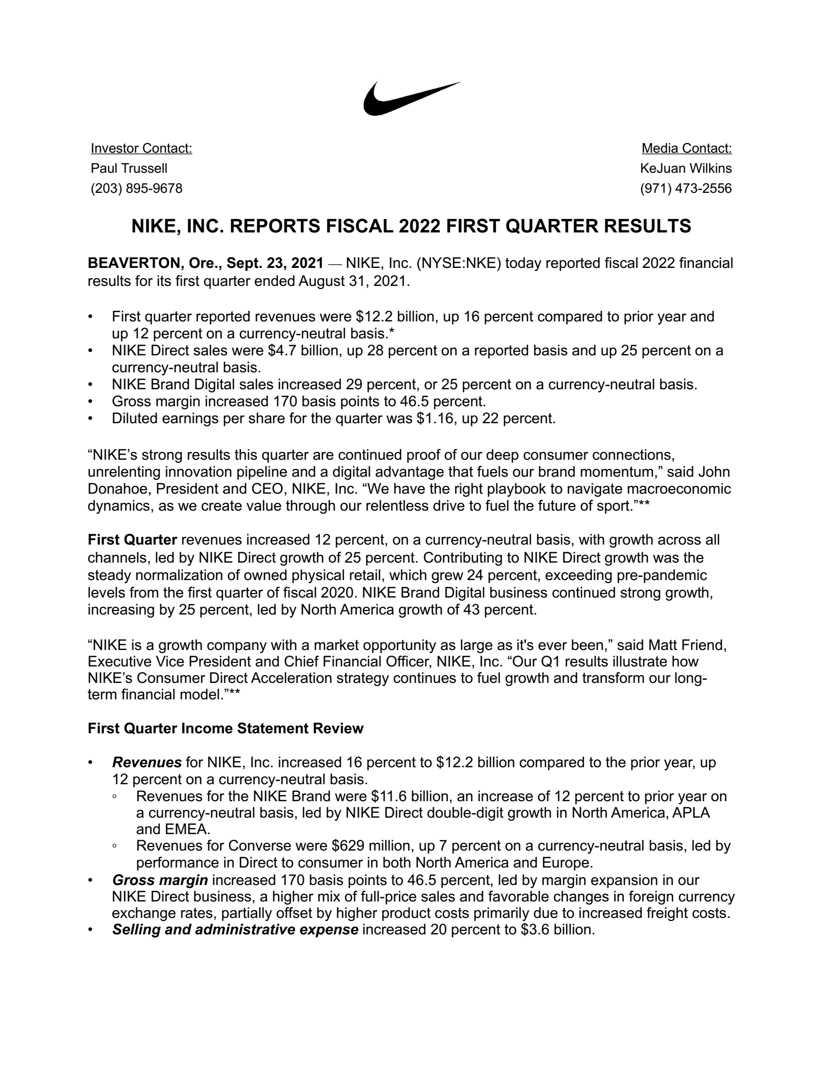 NIKE's Q1 2022 Press Release