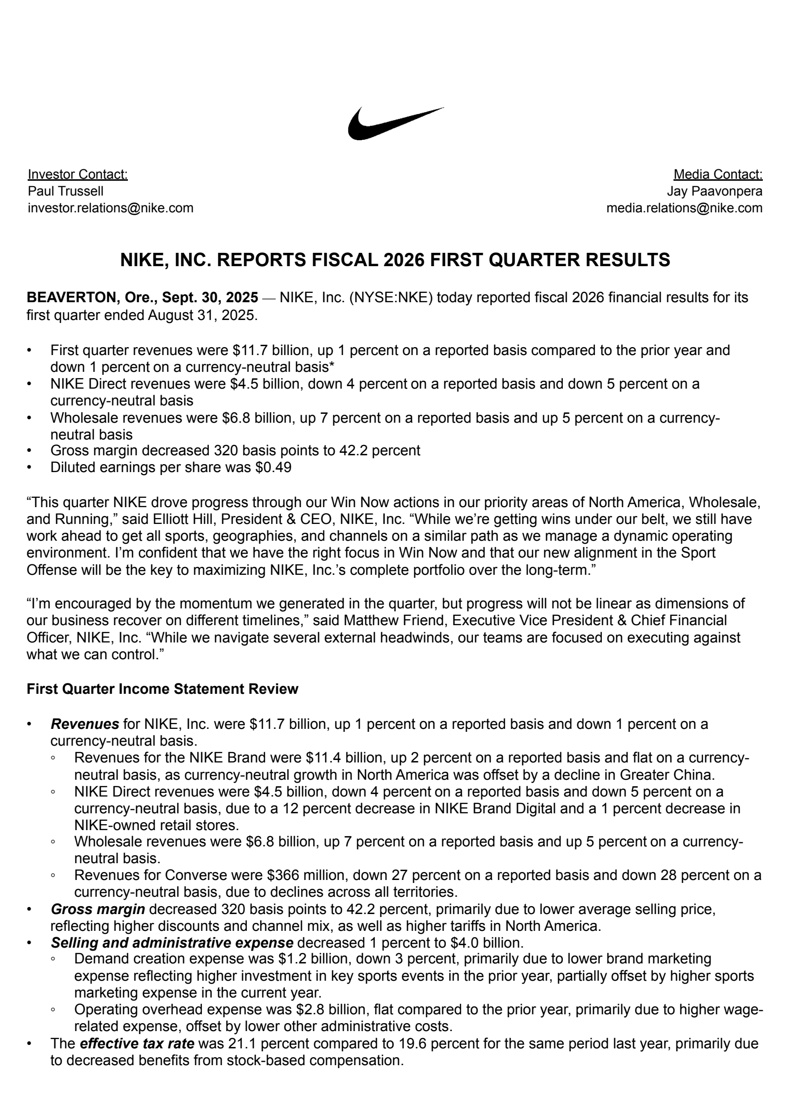 NIKE's Q1 2026 Earnings Release