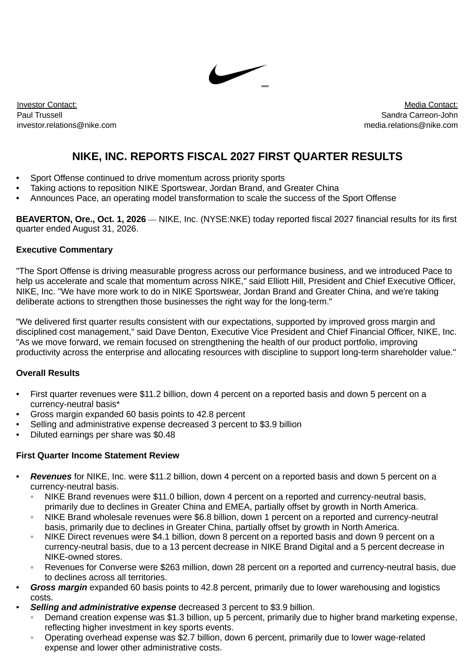 NIKE's Q1 2027 Press Release