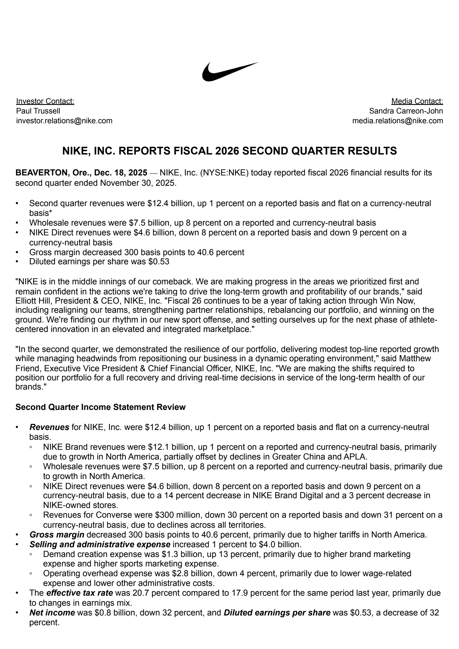 NIKE's Q2 2026 Earnings Release