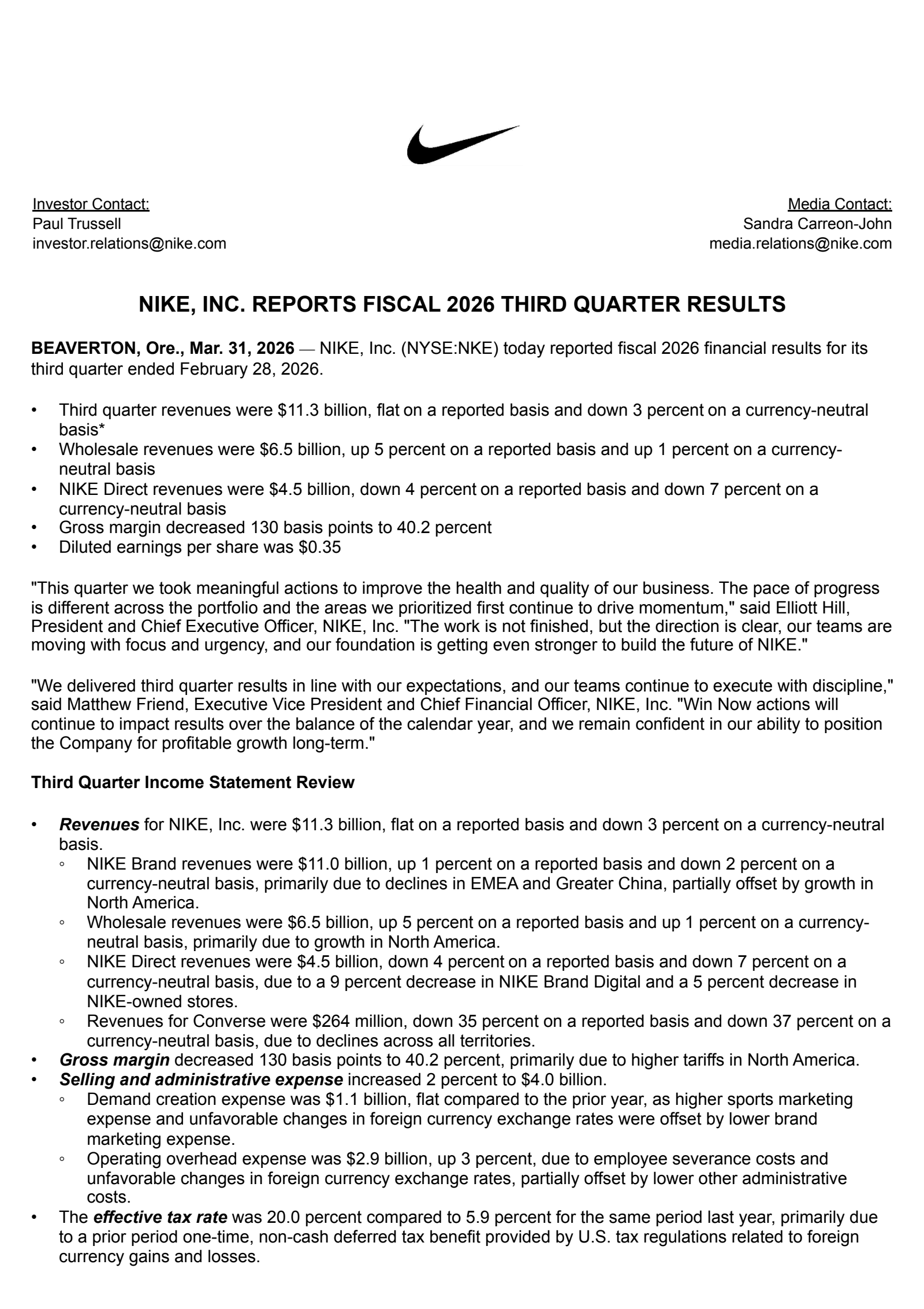 NIKE's Q3 2026 Press Release