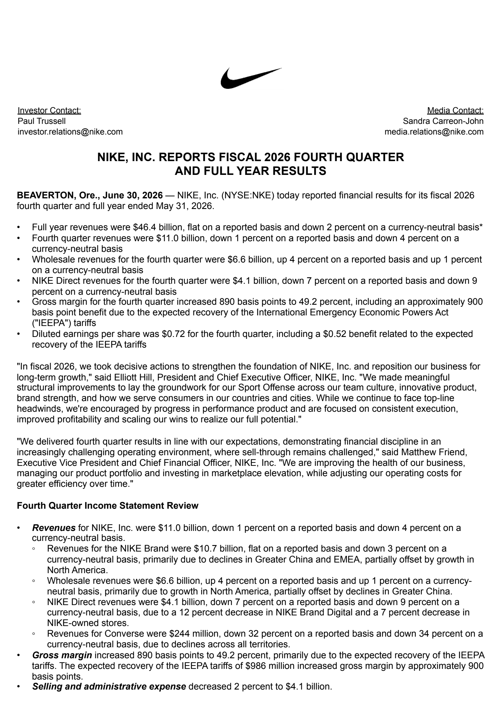 NIKE's Q4 2026 Press Release