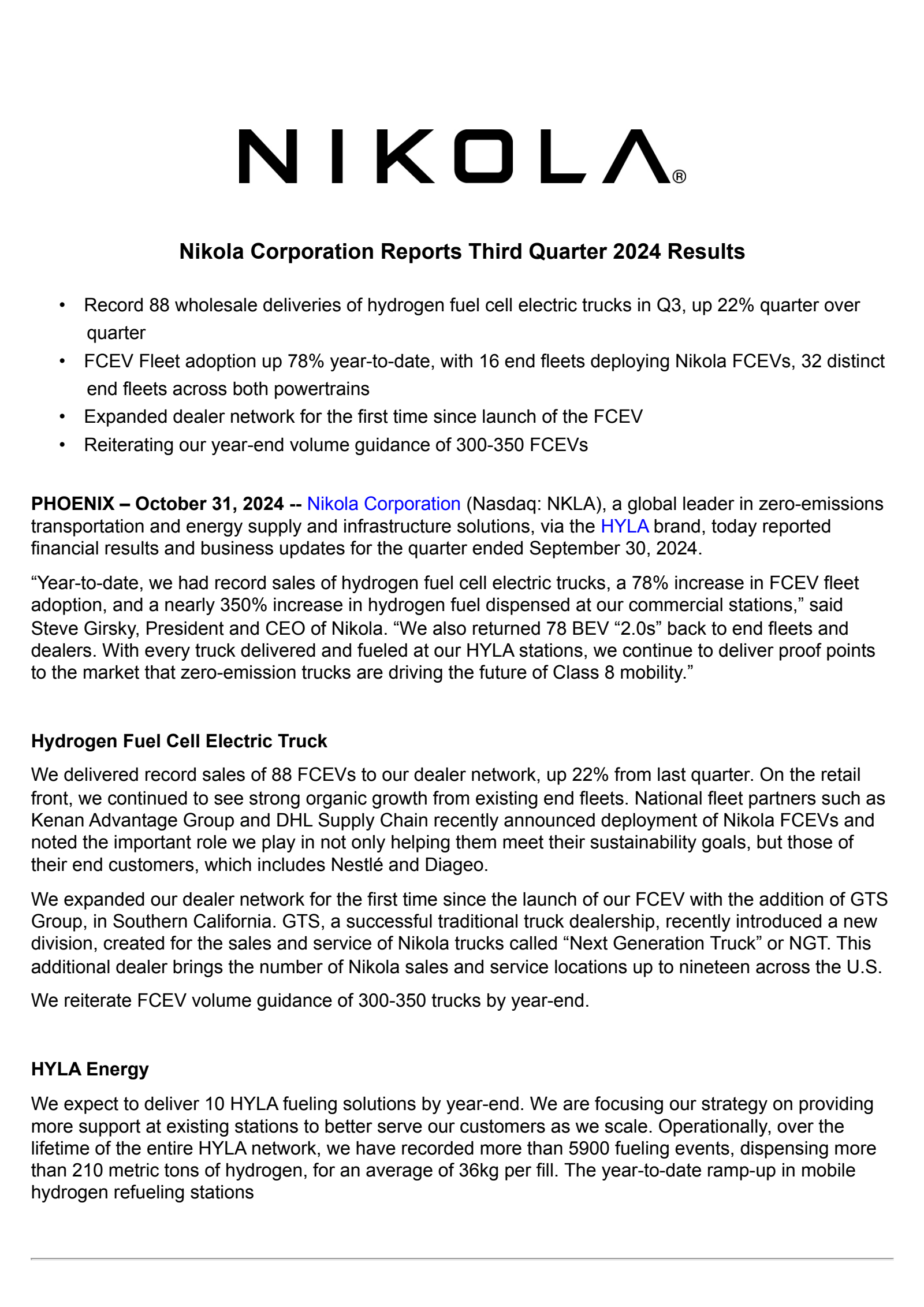 Nikola's Q3 2024 Press Release
