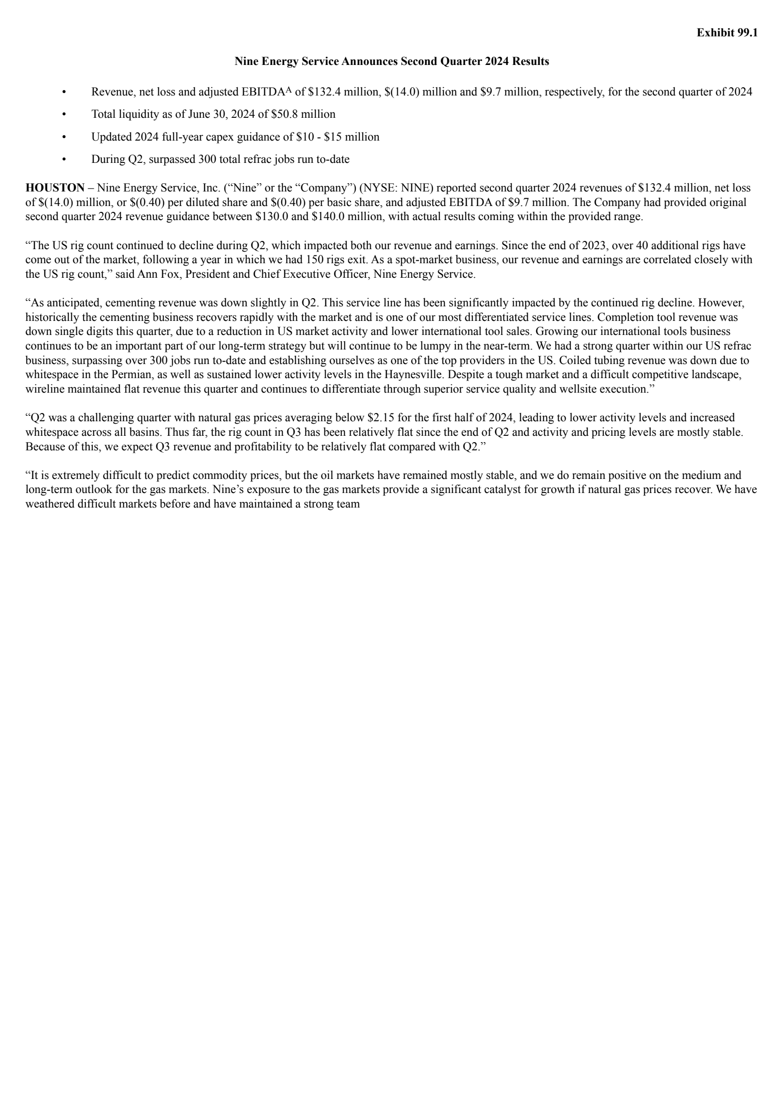 Nine Energy Service's Q2 2024 Press Release