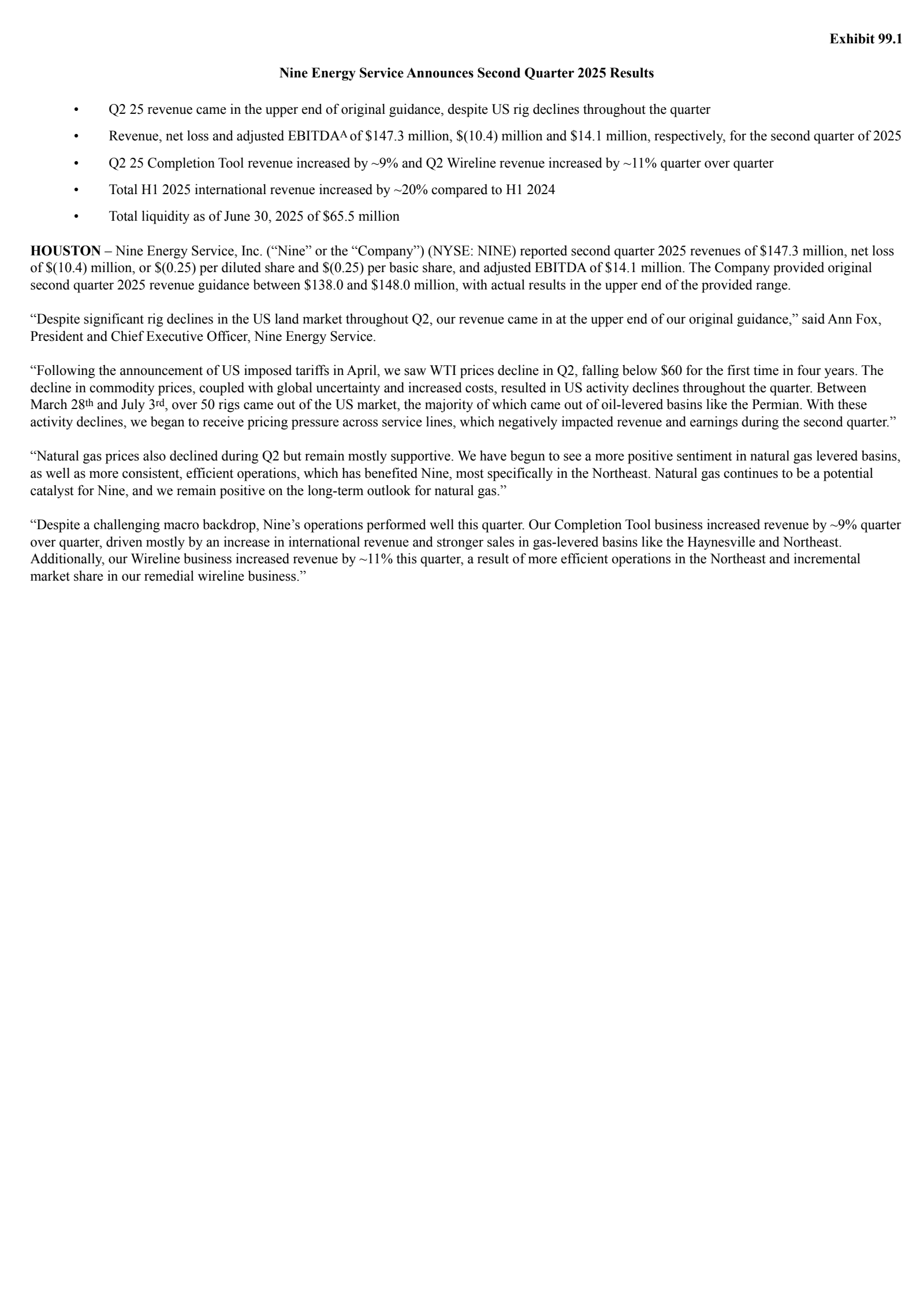 Nine Energy Service's Q2 2025 Press Release