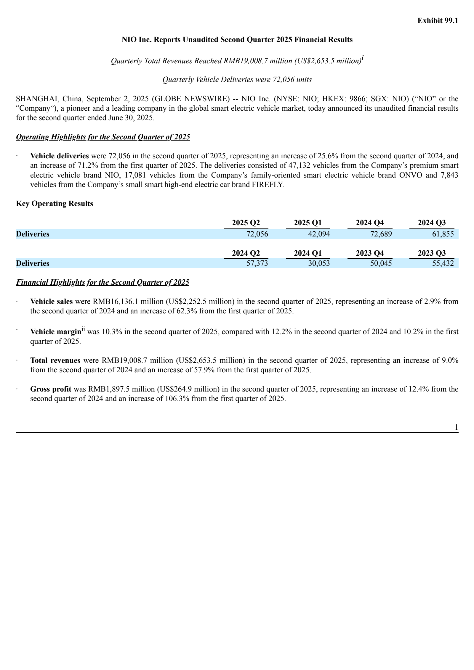 NIO's Q2 2025 Press Release