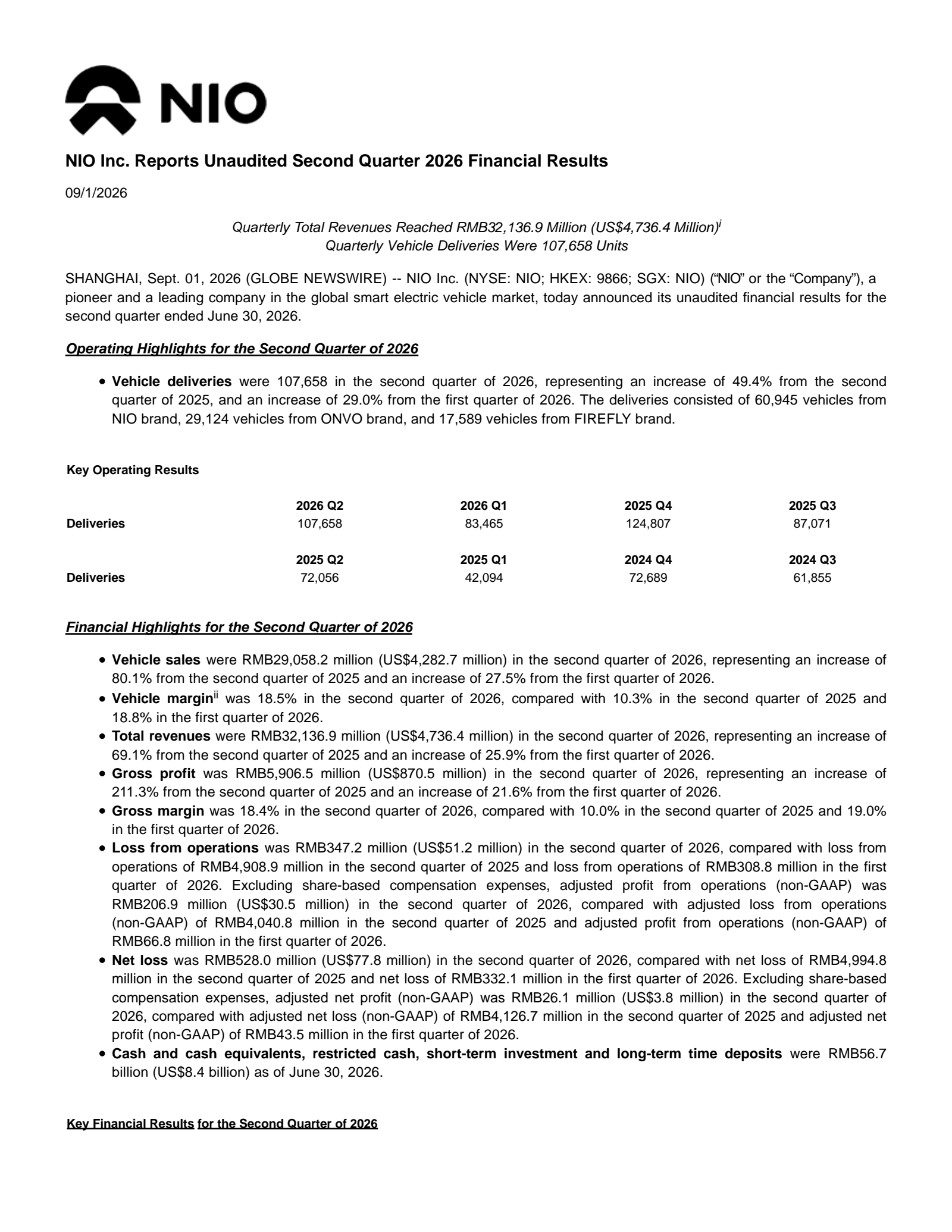 NIO's Q2 2026 Press Release
