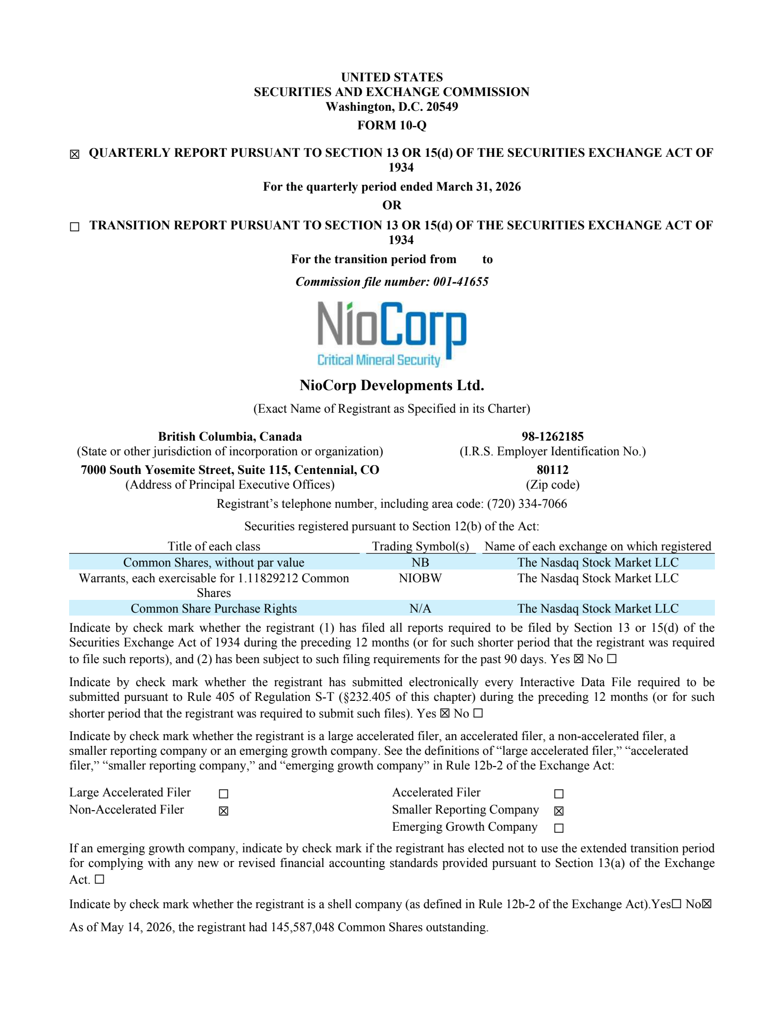 NioCorp Developments' Q1 2026 Quarterly report