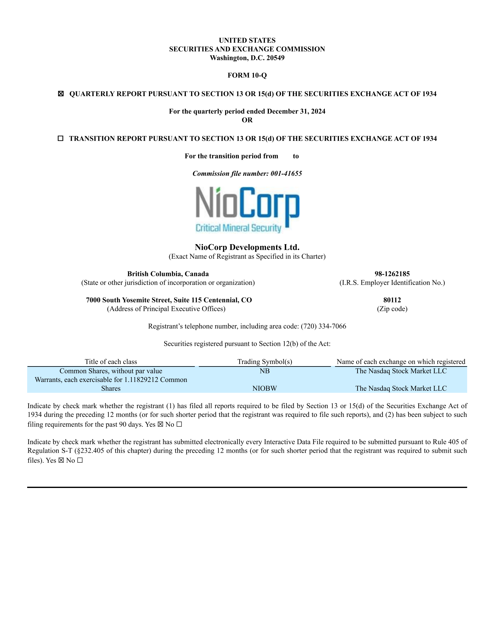 NioCorp Developments' Q2 2025 Quarterly report