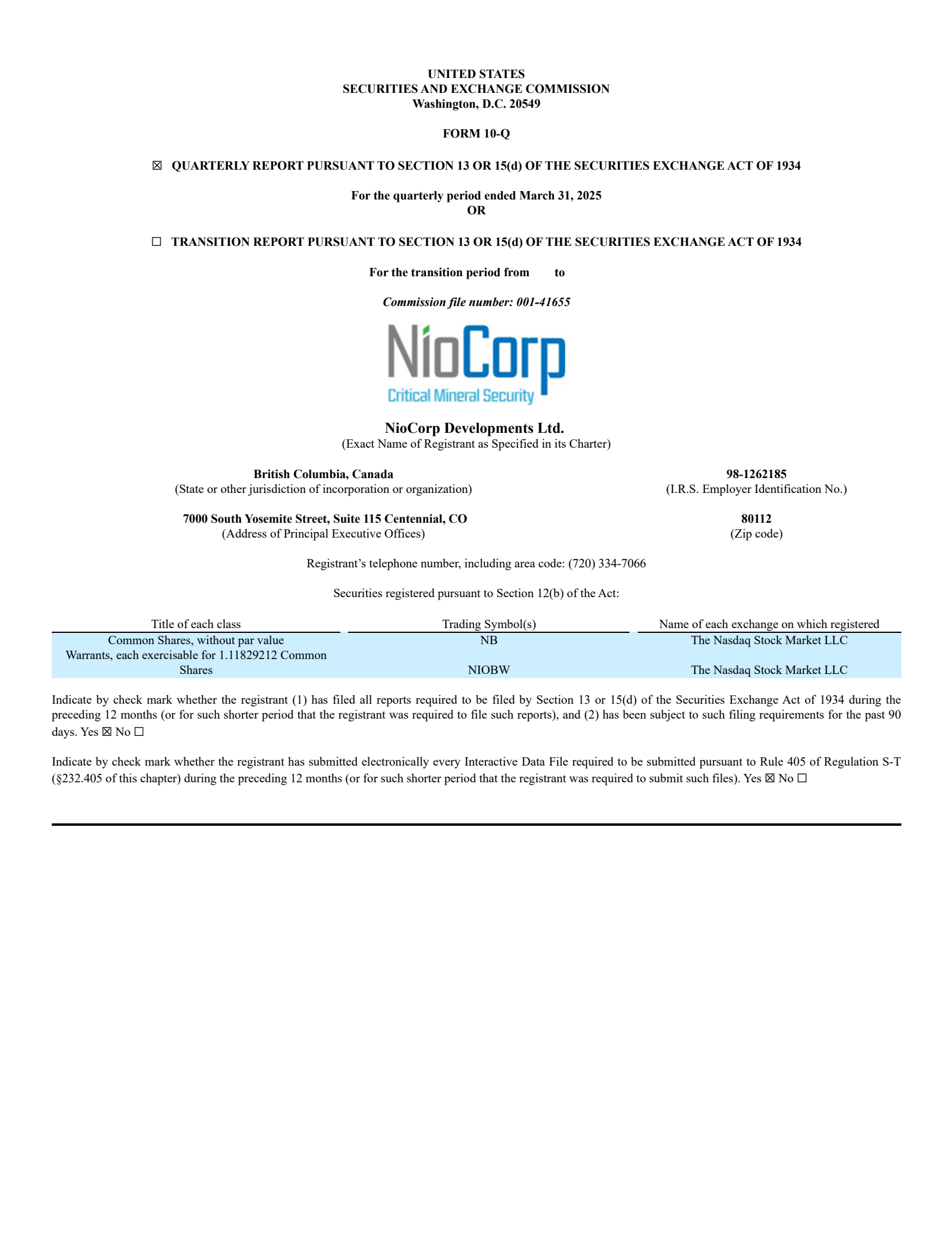 NioCorp Developments' Q3 2025 Quarterly report
