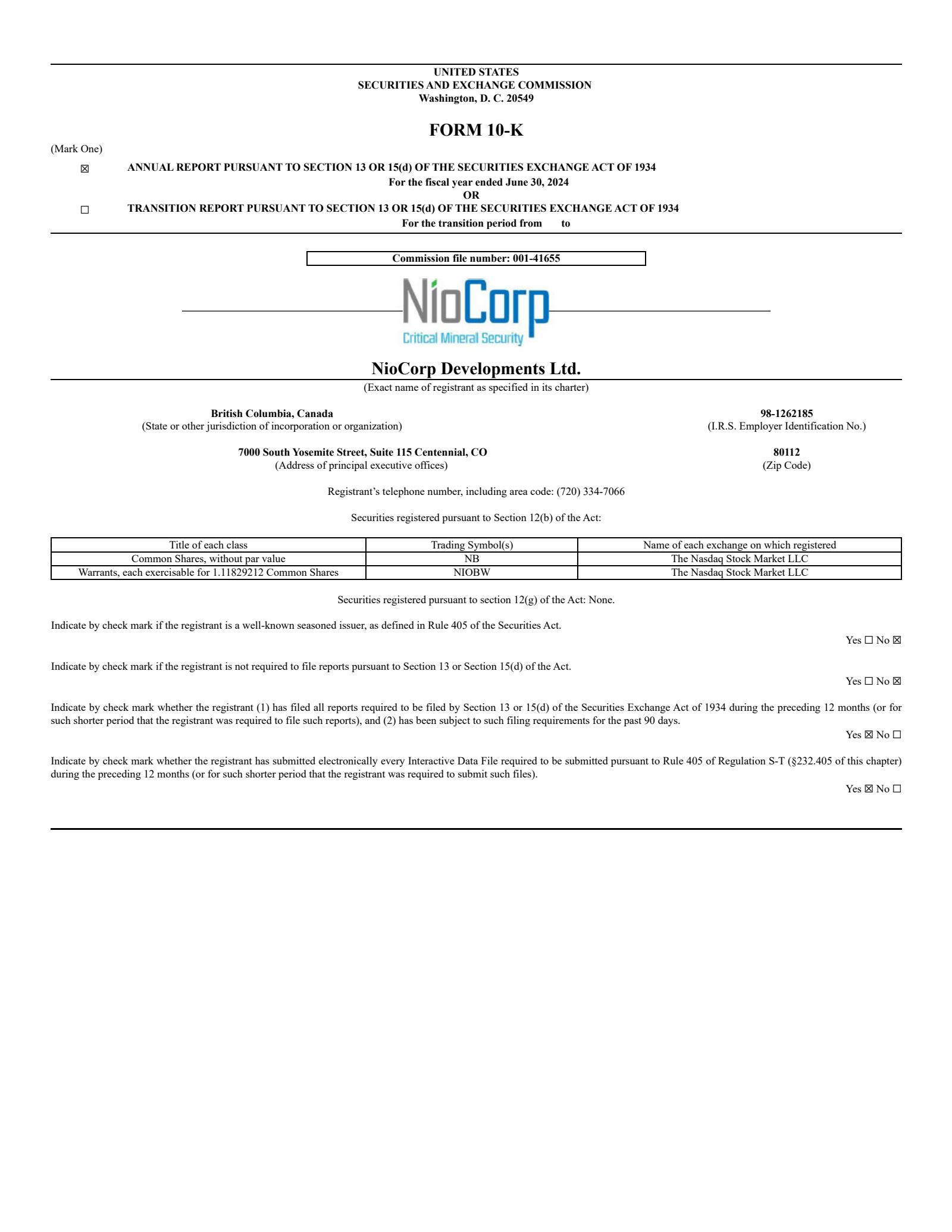 NioCorp Developments' Q4 2024 Annual report