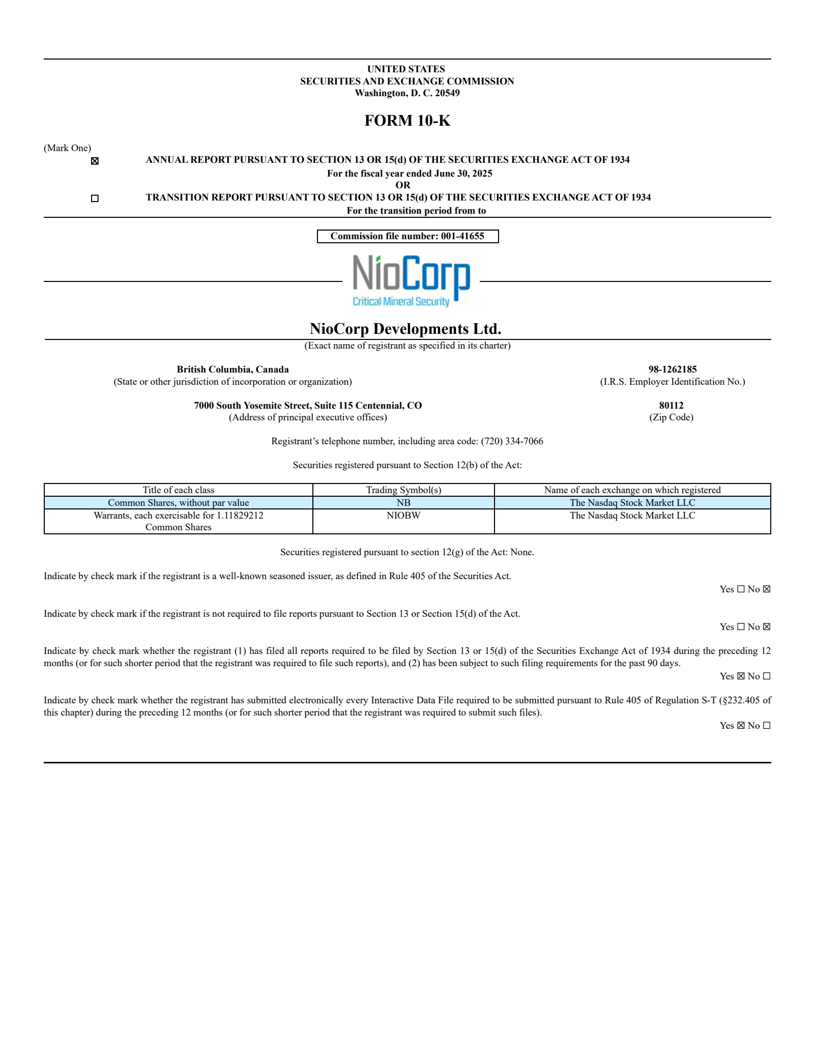 NioCorp Developments' Q4 2025 Annual report