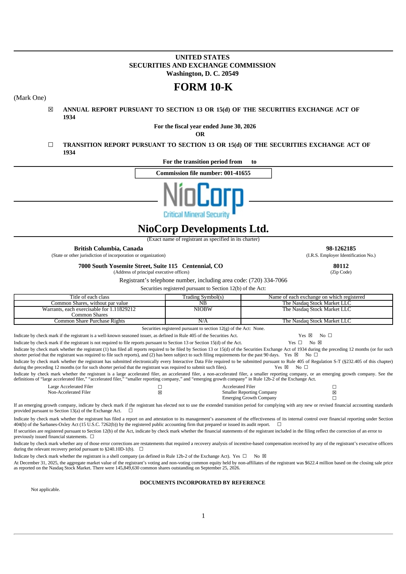 NioCorp Developments' Q4 2026 Annual report