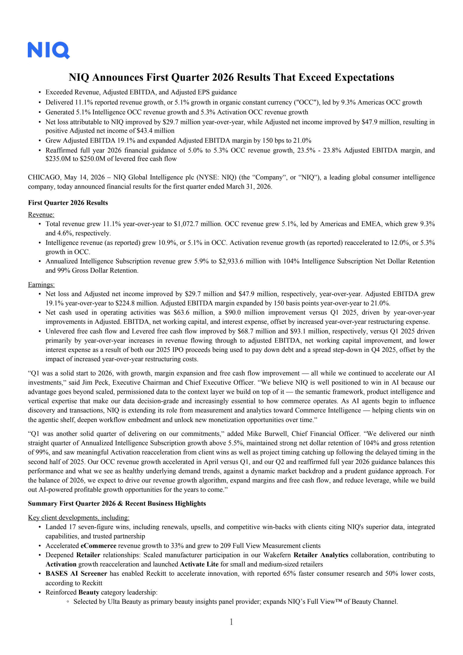 NIQ Global Intelligence's Q1 2026 Press Release