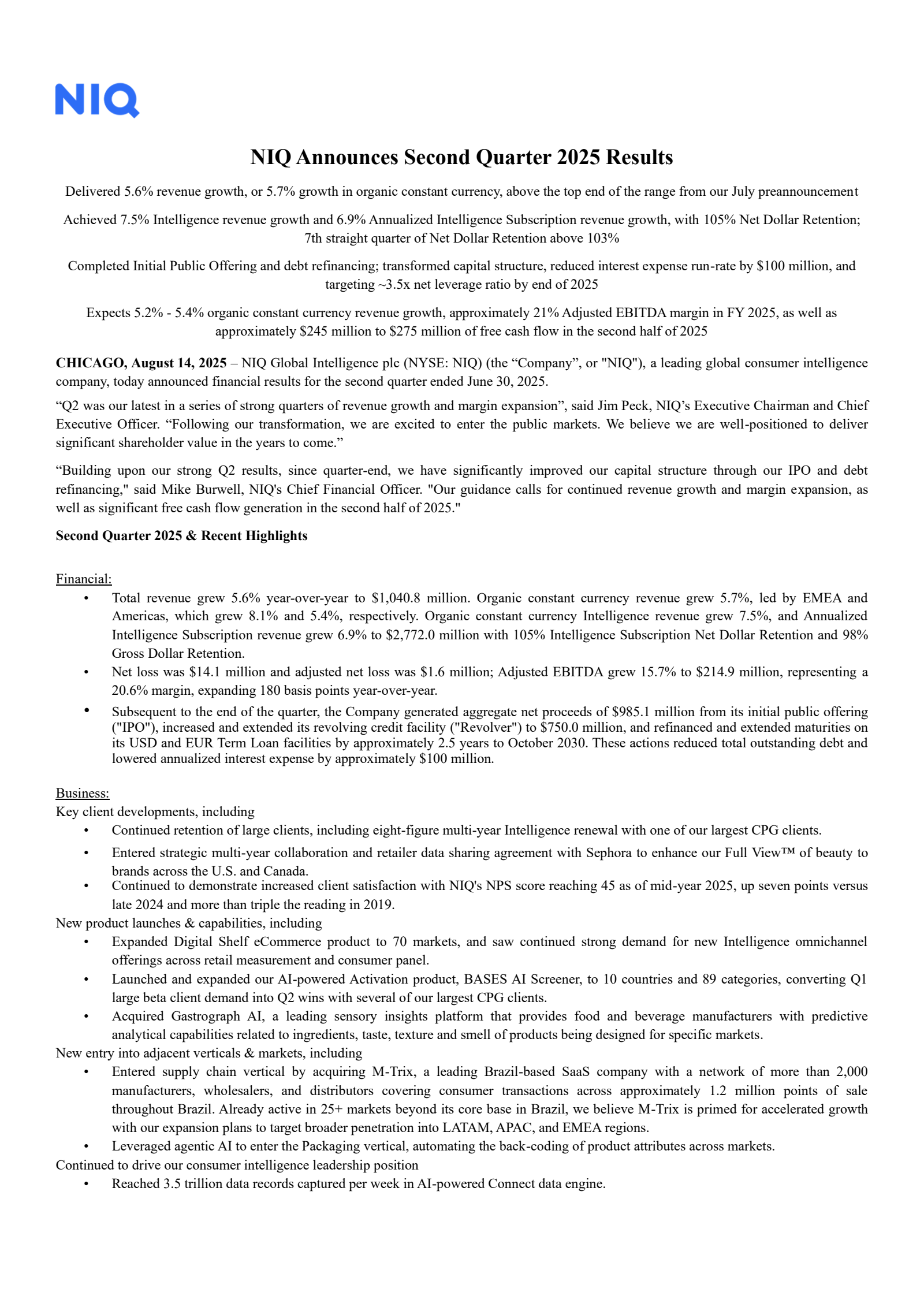 NIQ Global Intelligence's Q2 2025 Press Release